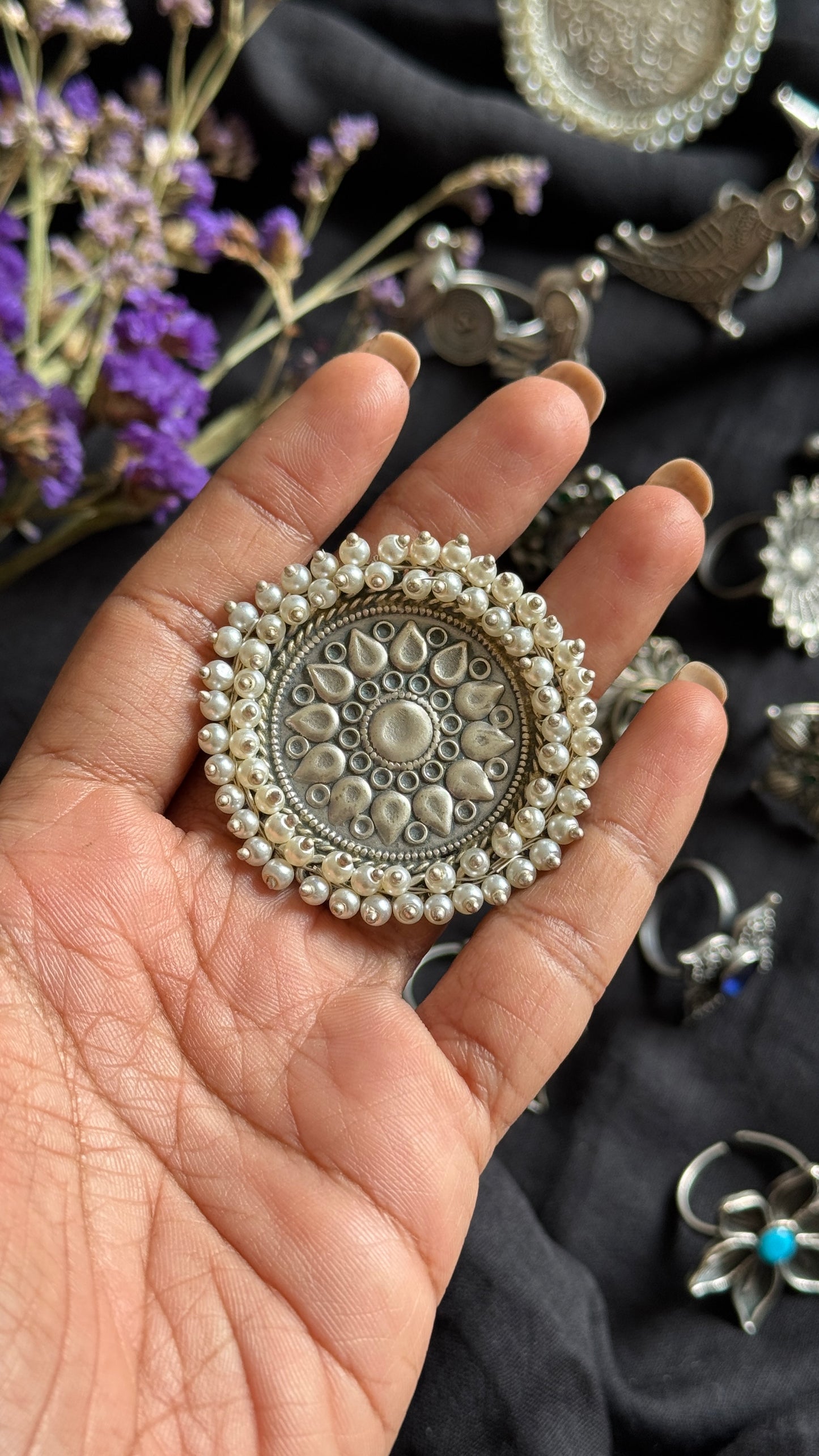 Antique Bloom - Adjustable Round Lotus Ring, Pearl Beaded 3 - YCOSFR125