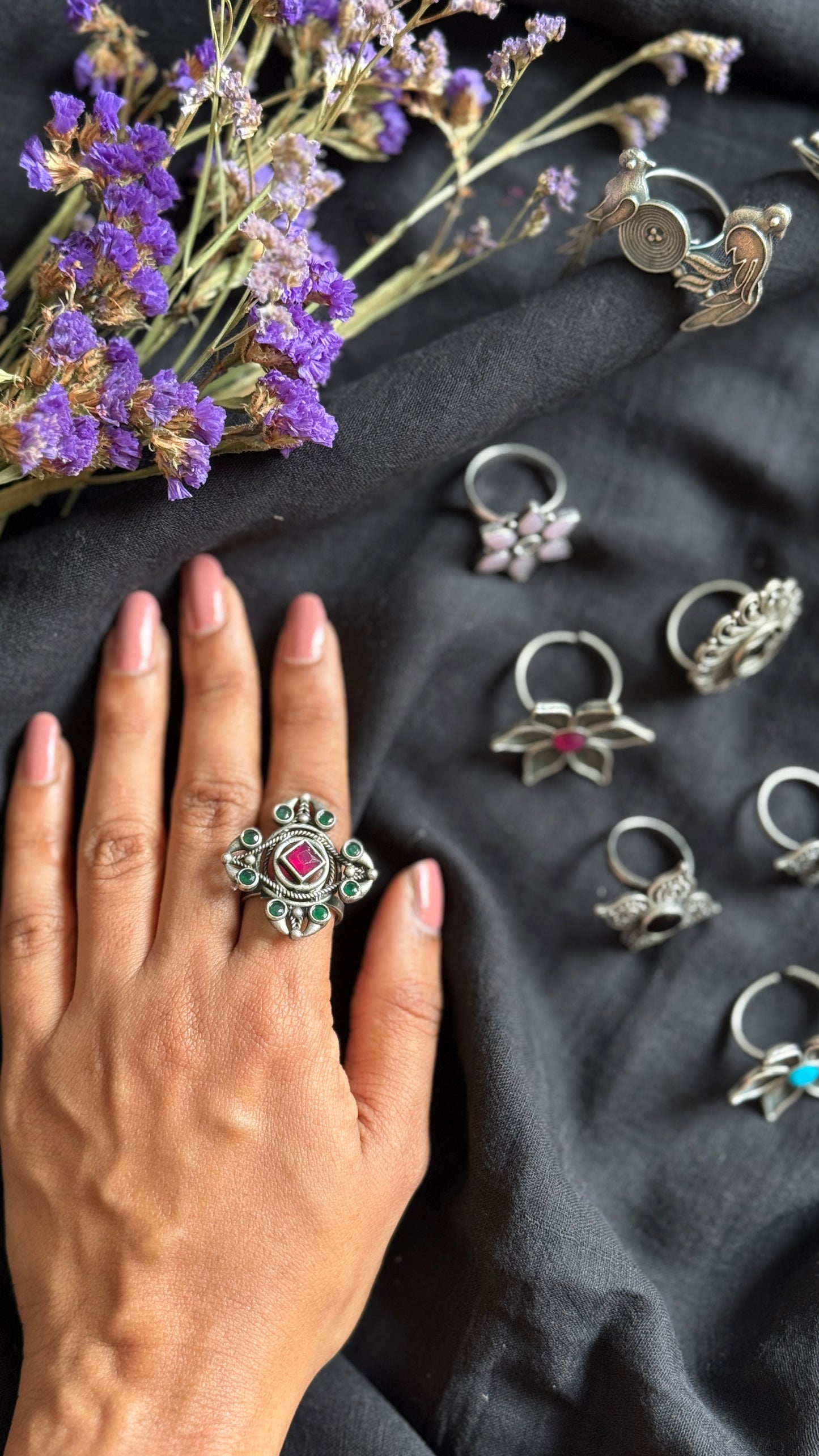 Adjustable floral square ring - green red stones