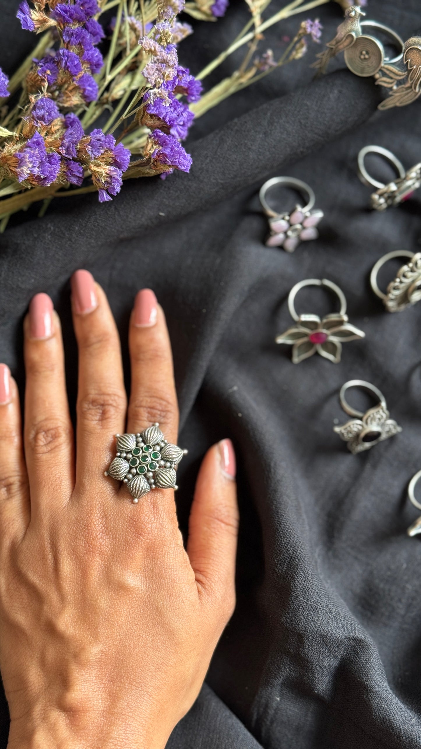 Adjustable floral petal ring - green stones