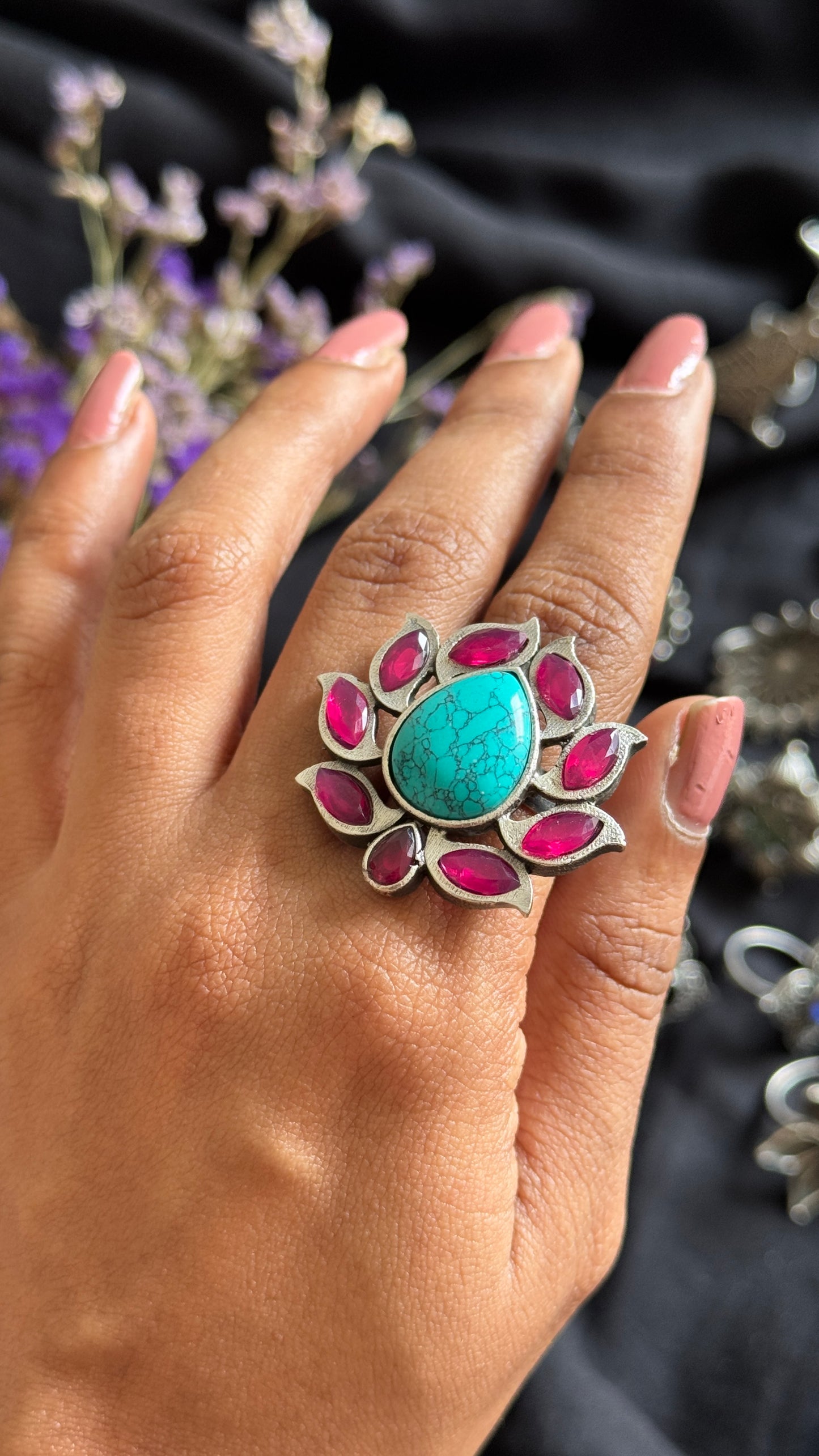 Adjustable lotus ring - turquoise dark pink stones