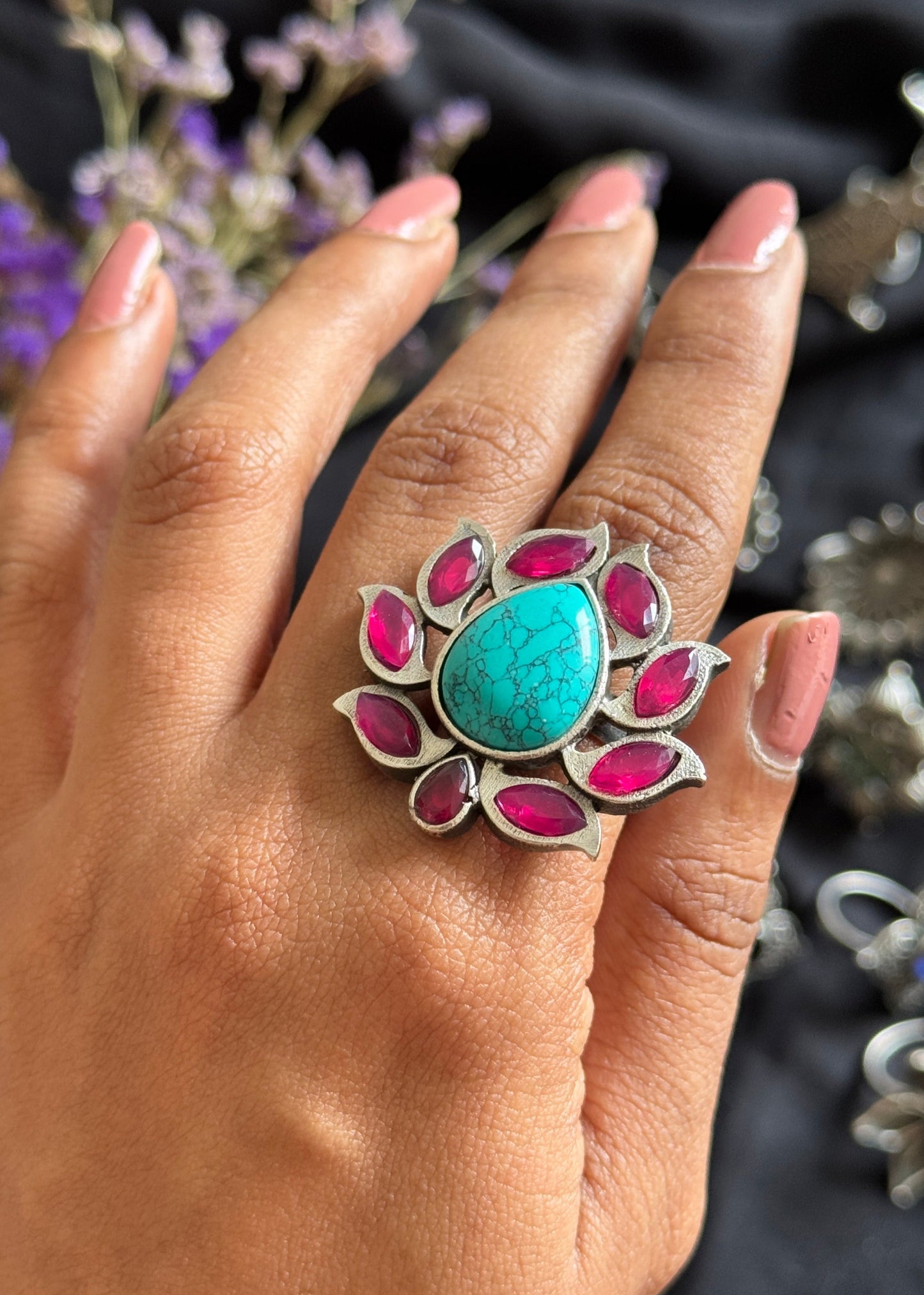 Adjustable lotus ring - turquoise dark pink stones - YCOSFR137