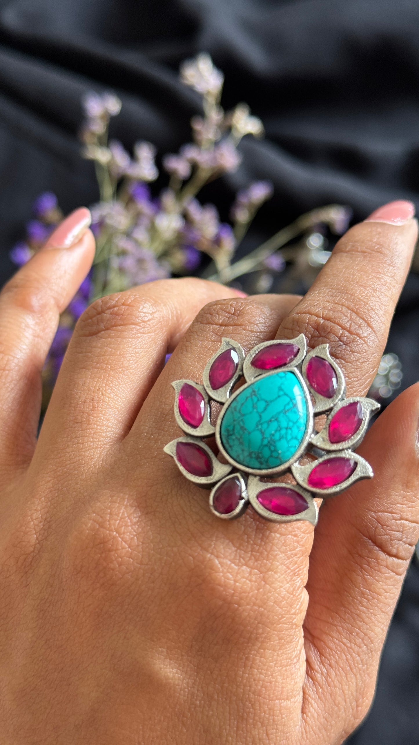 Adjustable lotus ring - turquoise dark pink stones