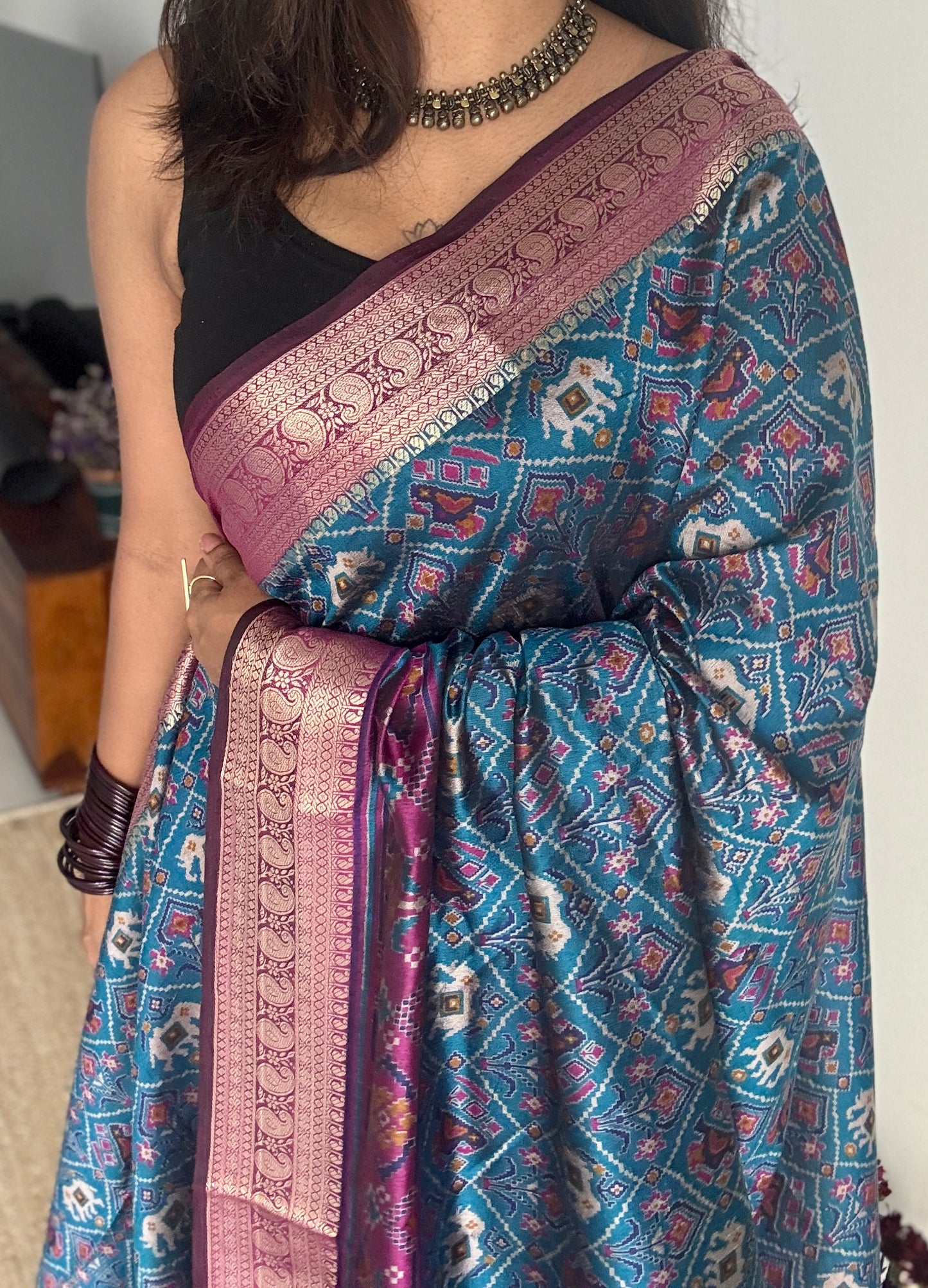 Peacock blue with wine in patola pattern - dola silk