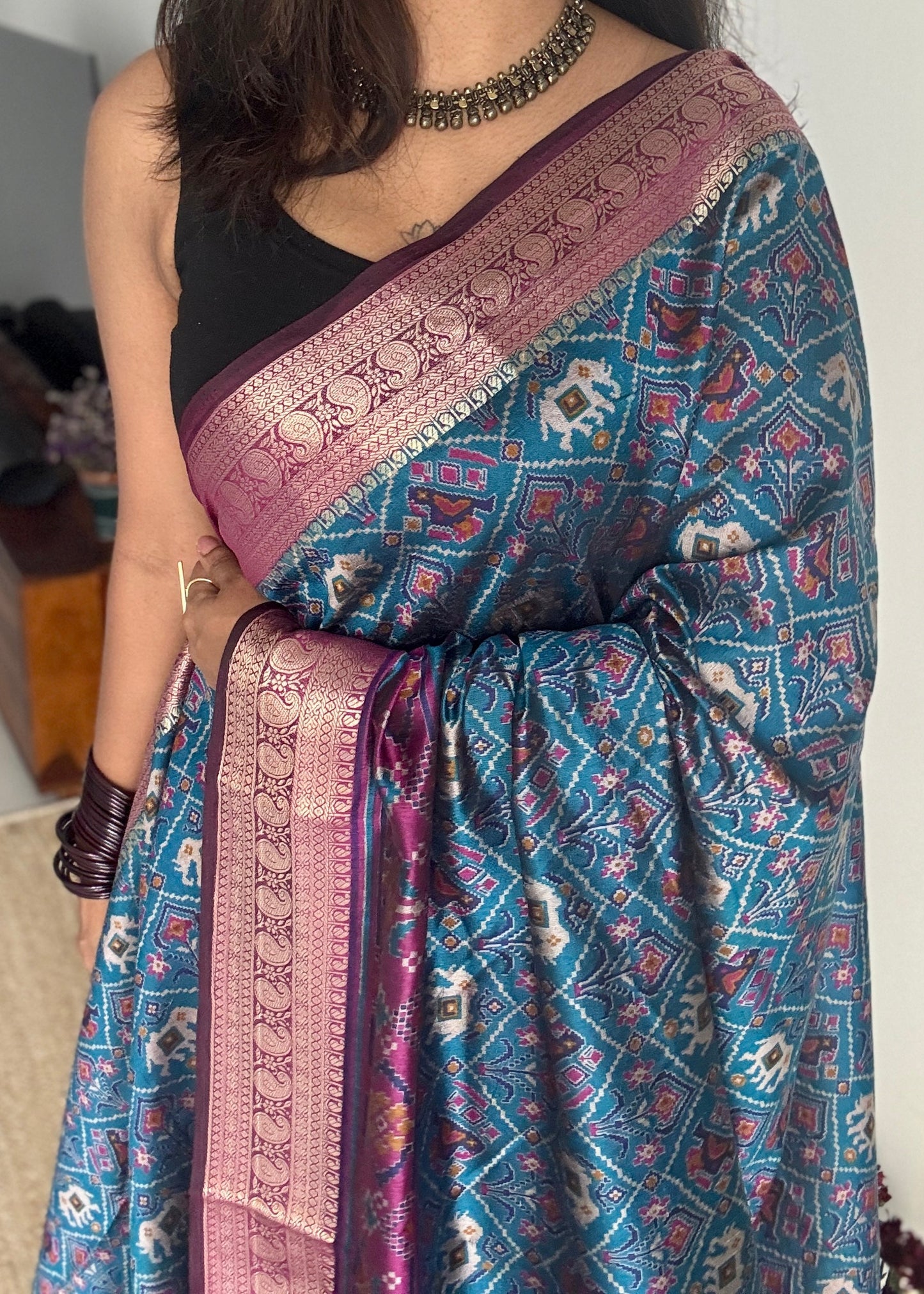 Peacock blue with wine in patola pattern - dola silk