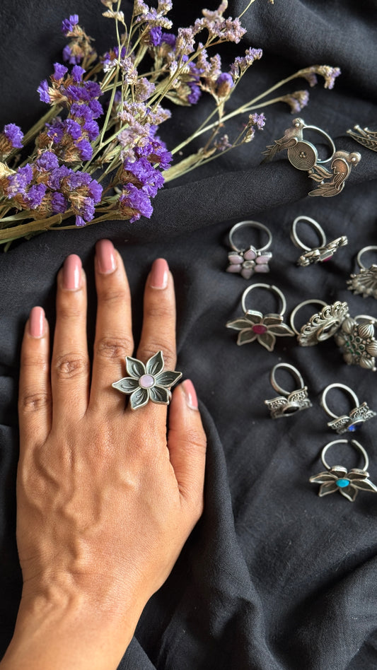 Antique Bloom - Adjustable Floral Ring, Baby Pink Stone - YCOSFR44