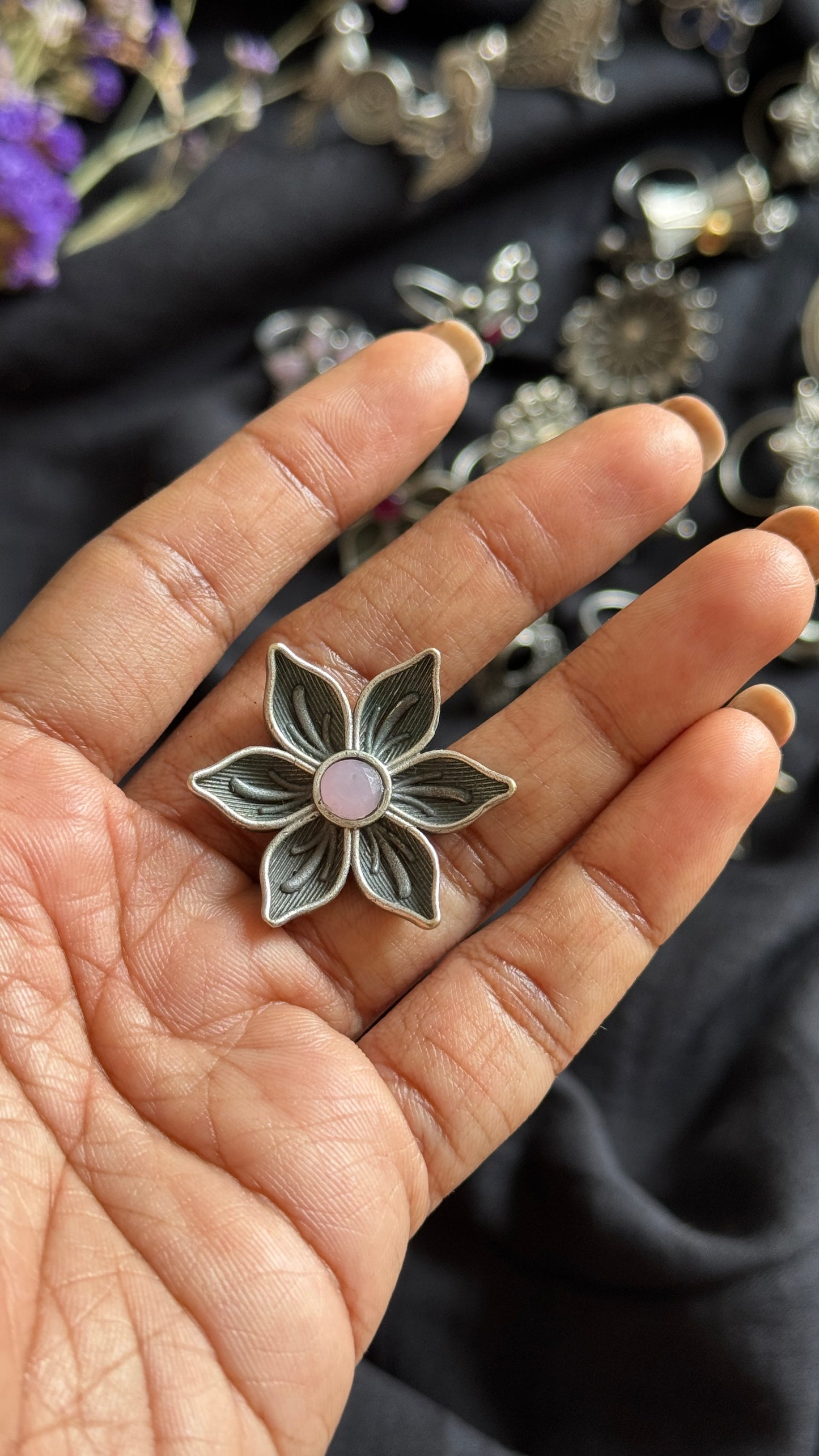 Antique Bloom - Adjustable Floral Ring, Baby Pink Stone