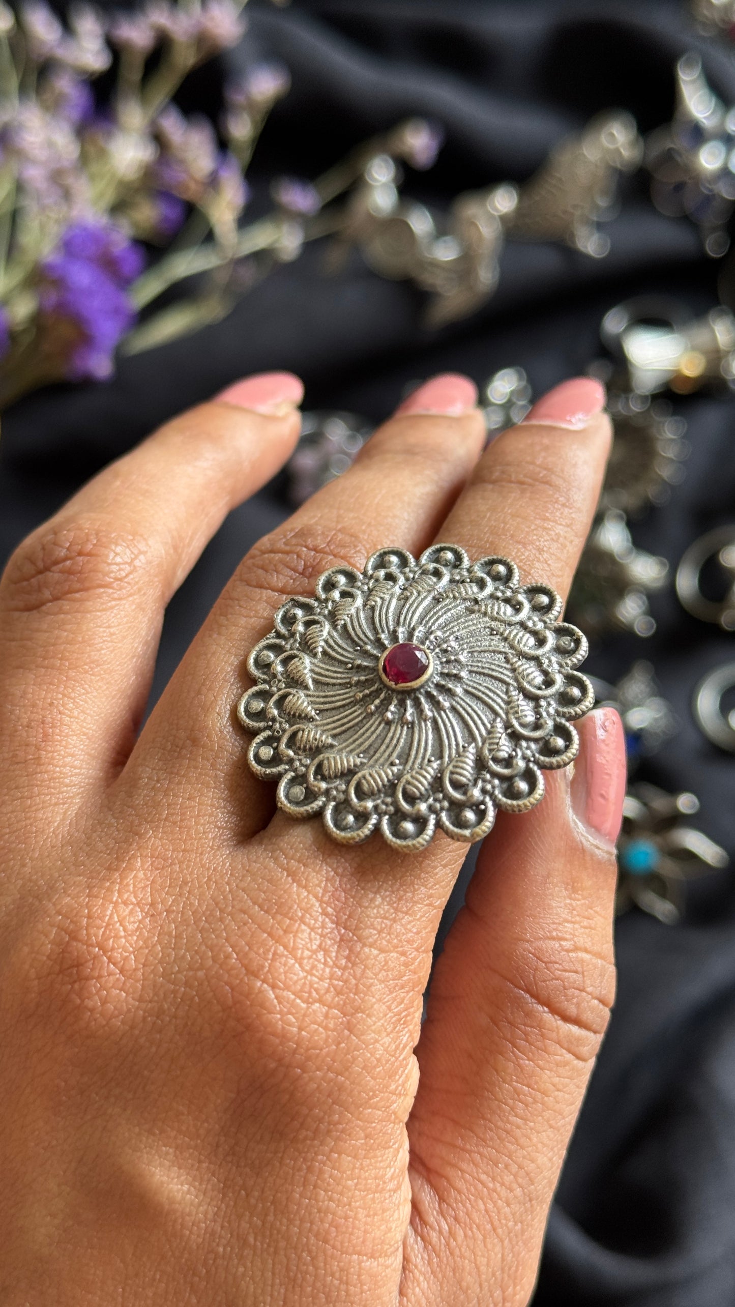 Adjustable Floral Ring - red stone - YCOSFR99