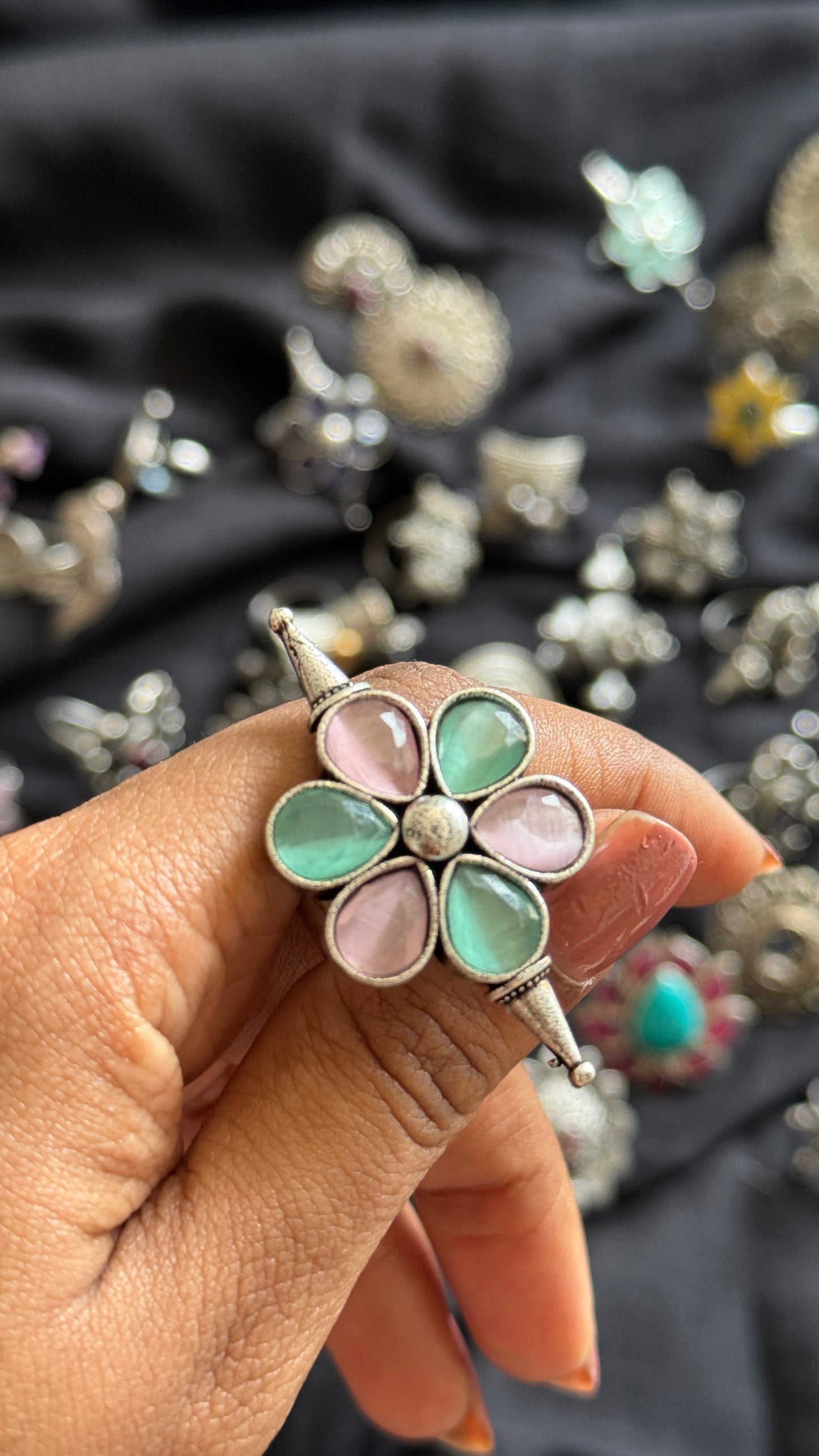 Adjustable floral ring - pastel pink & blue