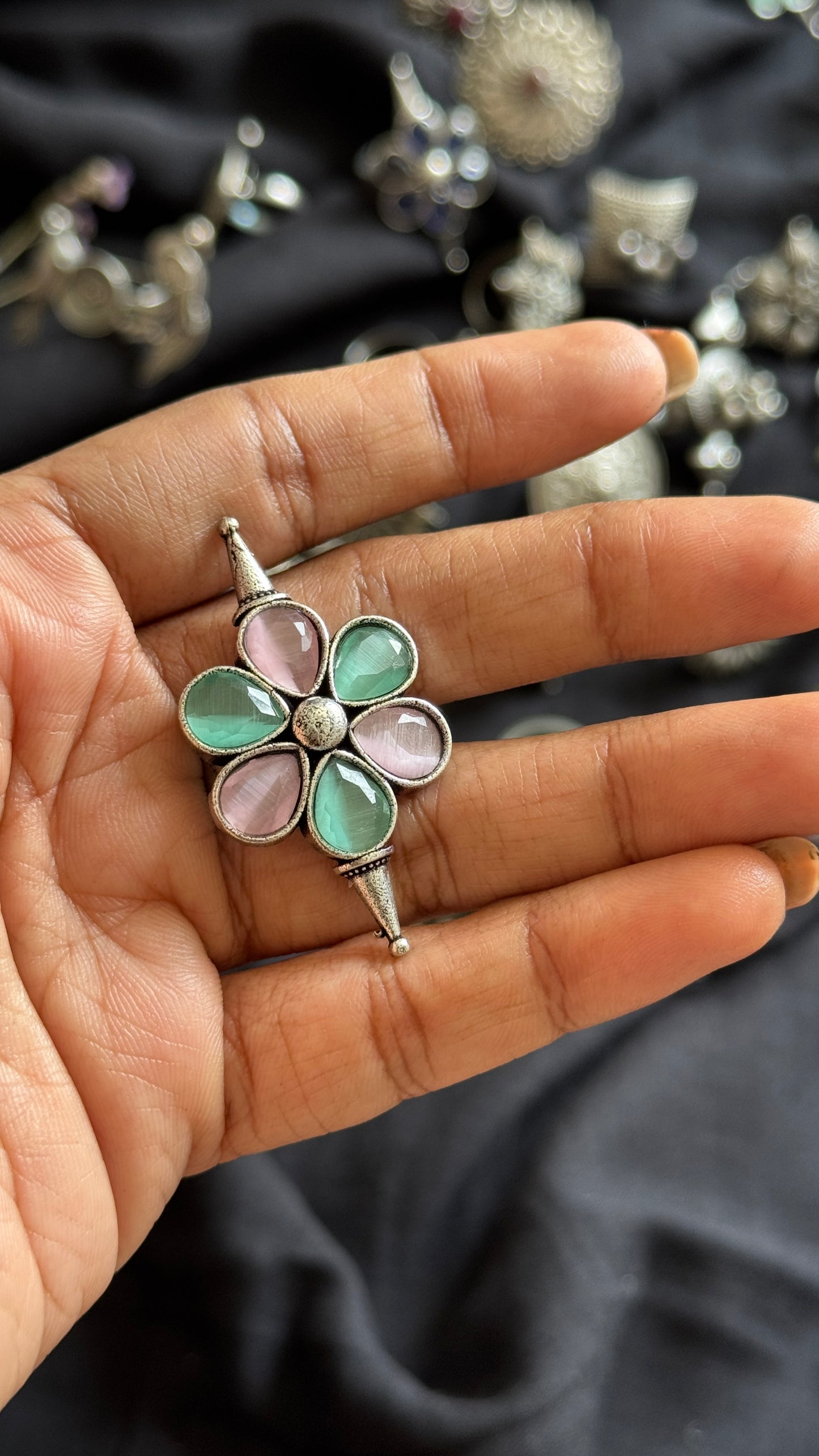 Adjustable floral ring - pastel pink & blue