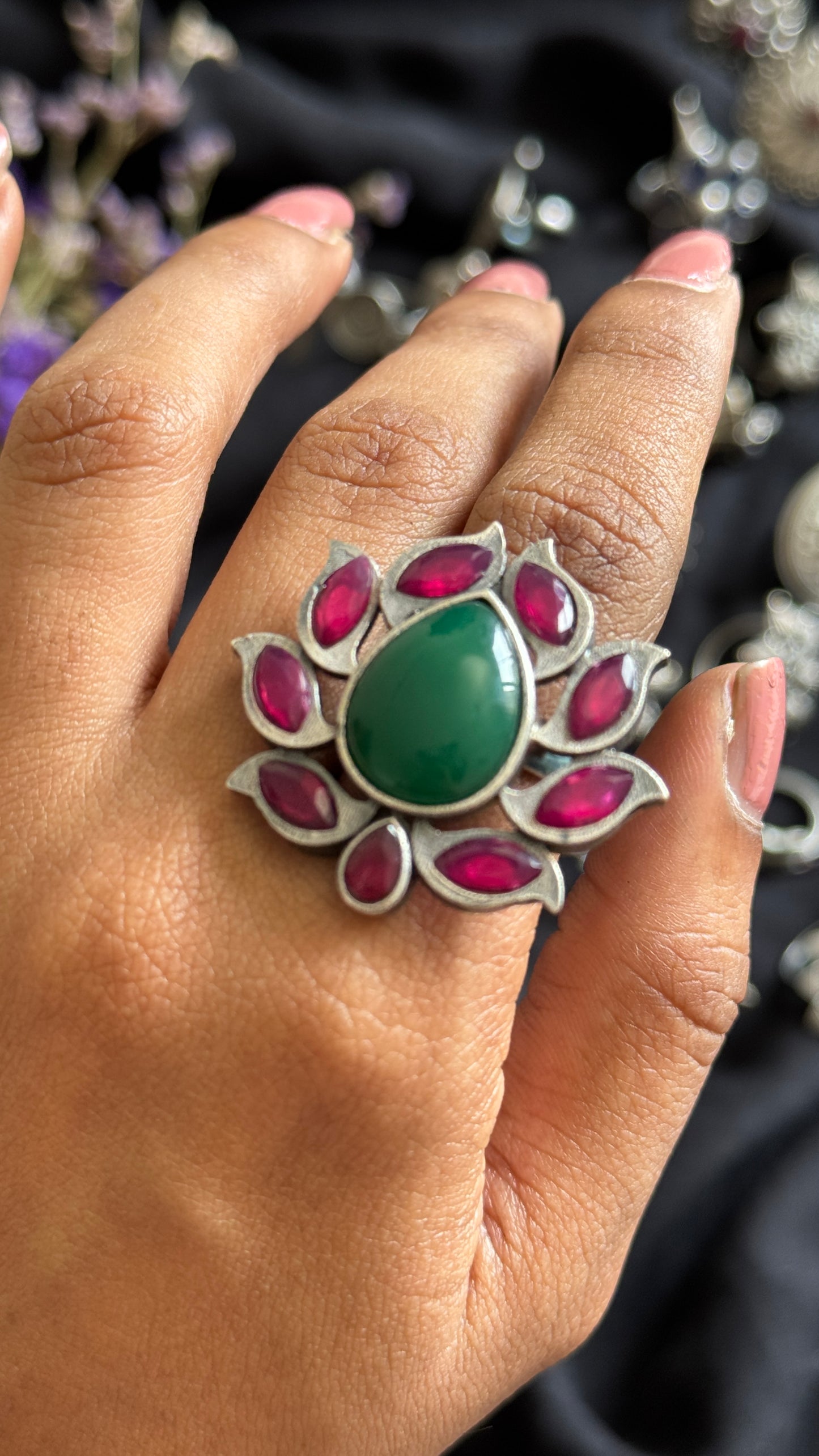Adjustable lotus ring -green dark pink stones