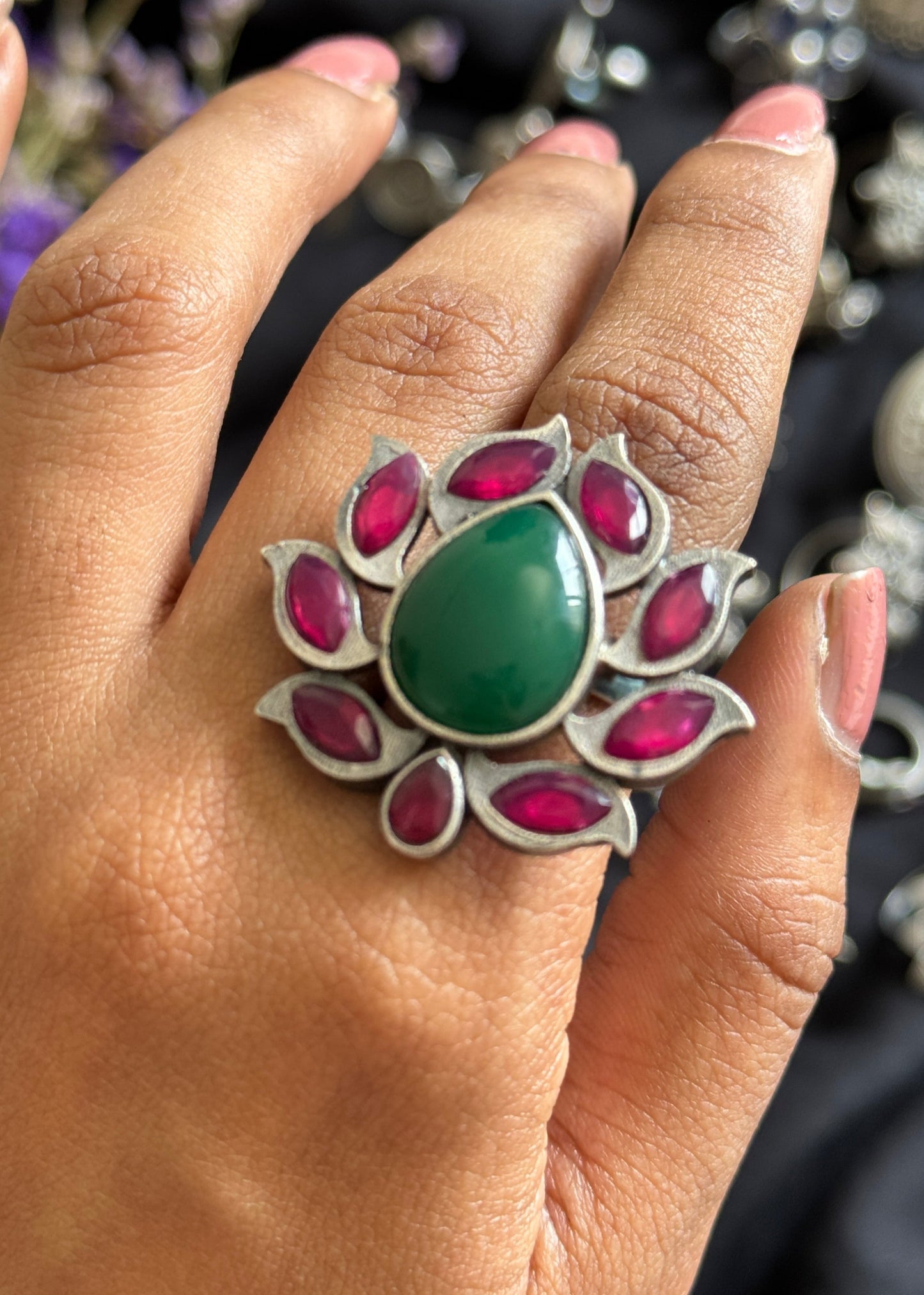 Adjustable lotus ring -green dark pink stones - YCOSFR140