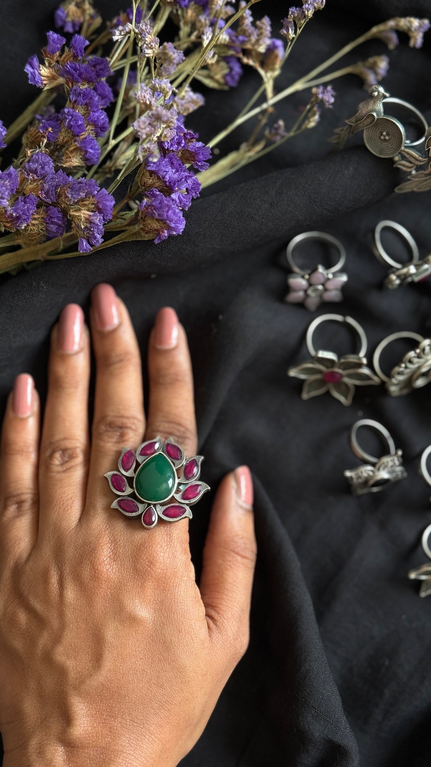 Adjustable lotus ring -green dark pink stones