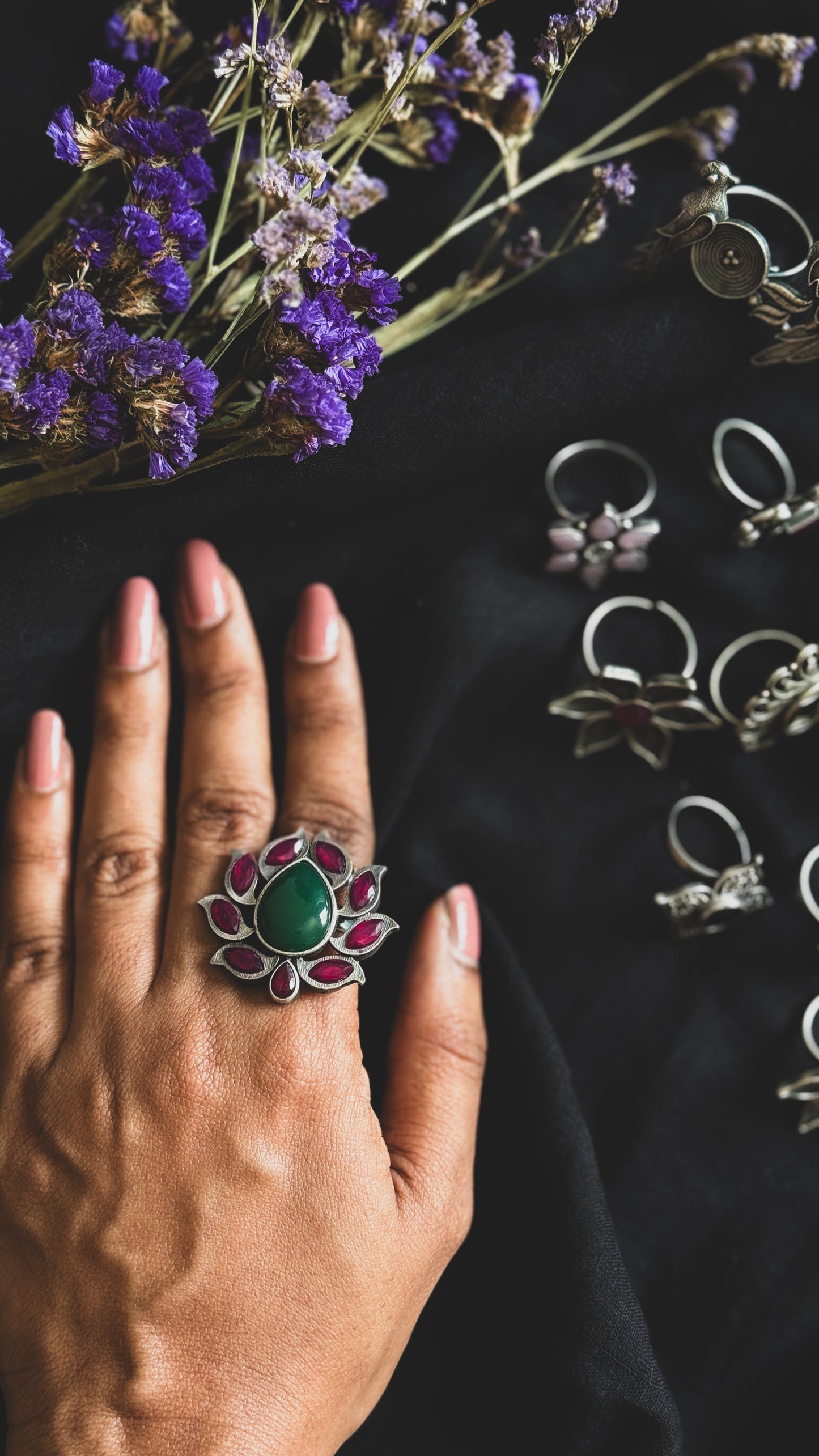 Adjustable lotus ring -green dark pink stones