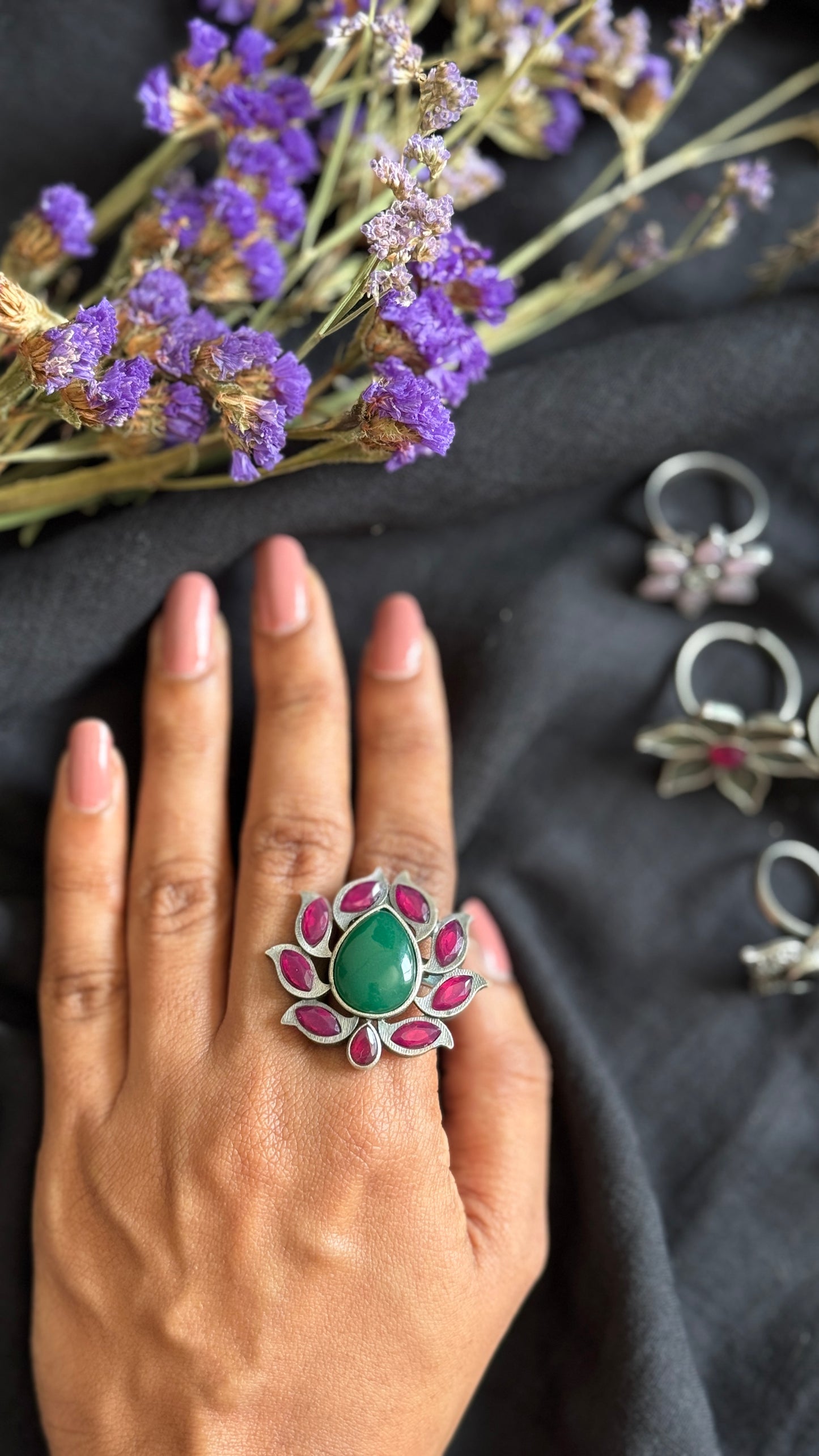 Adjustable lotus ring -green dark pink stones