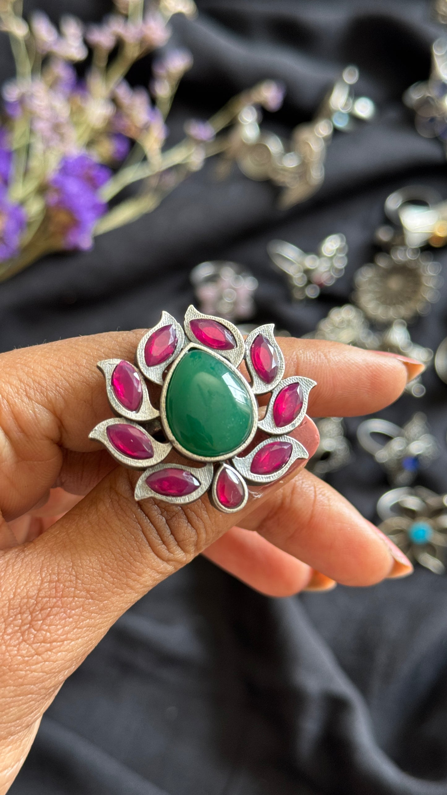 Adjustable lotus ring -green dark pink stones