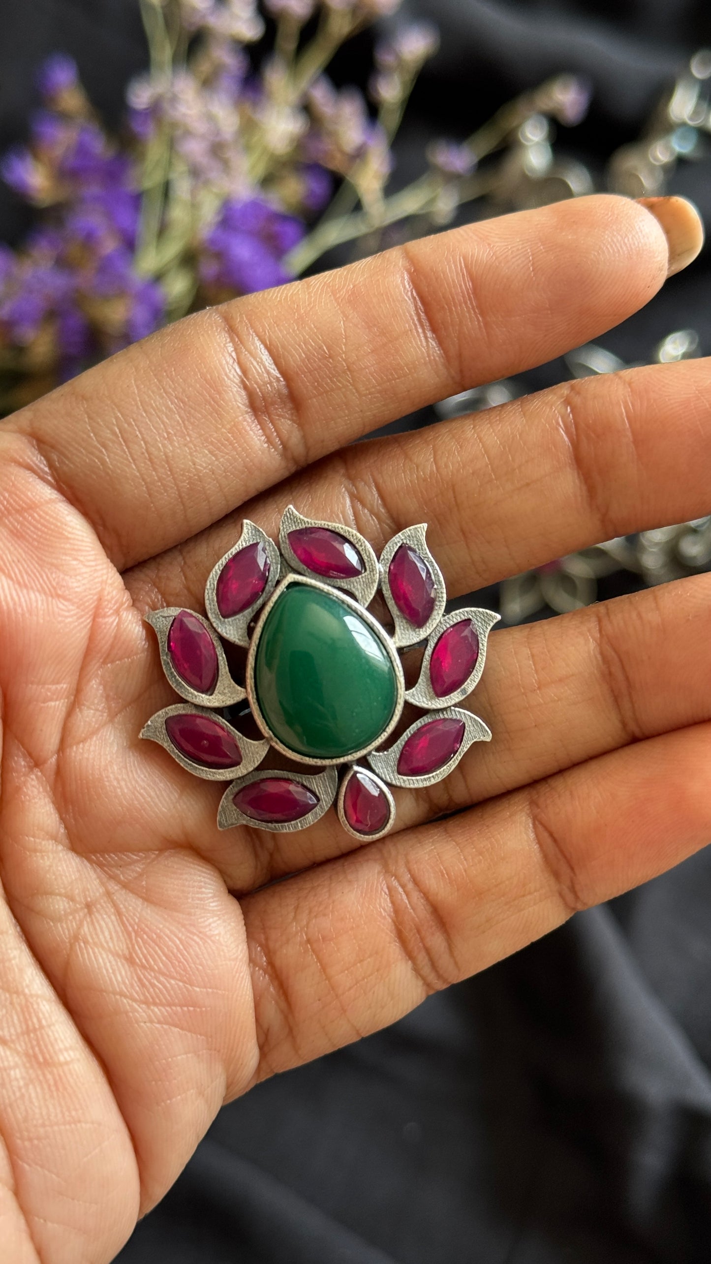 Adjustable lotus ring -green dark pink stones