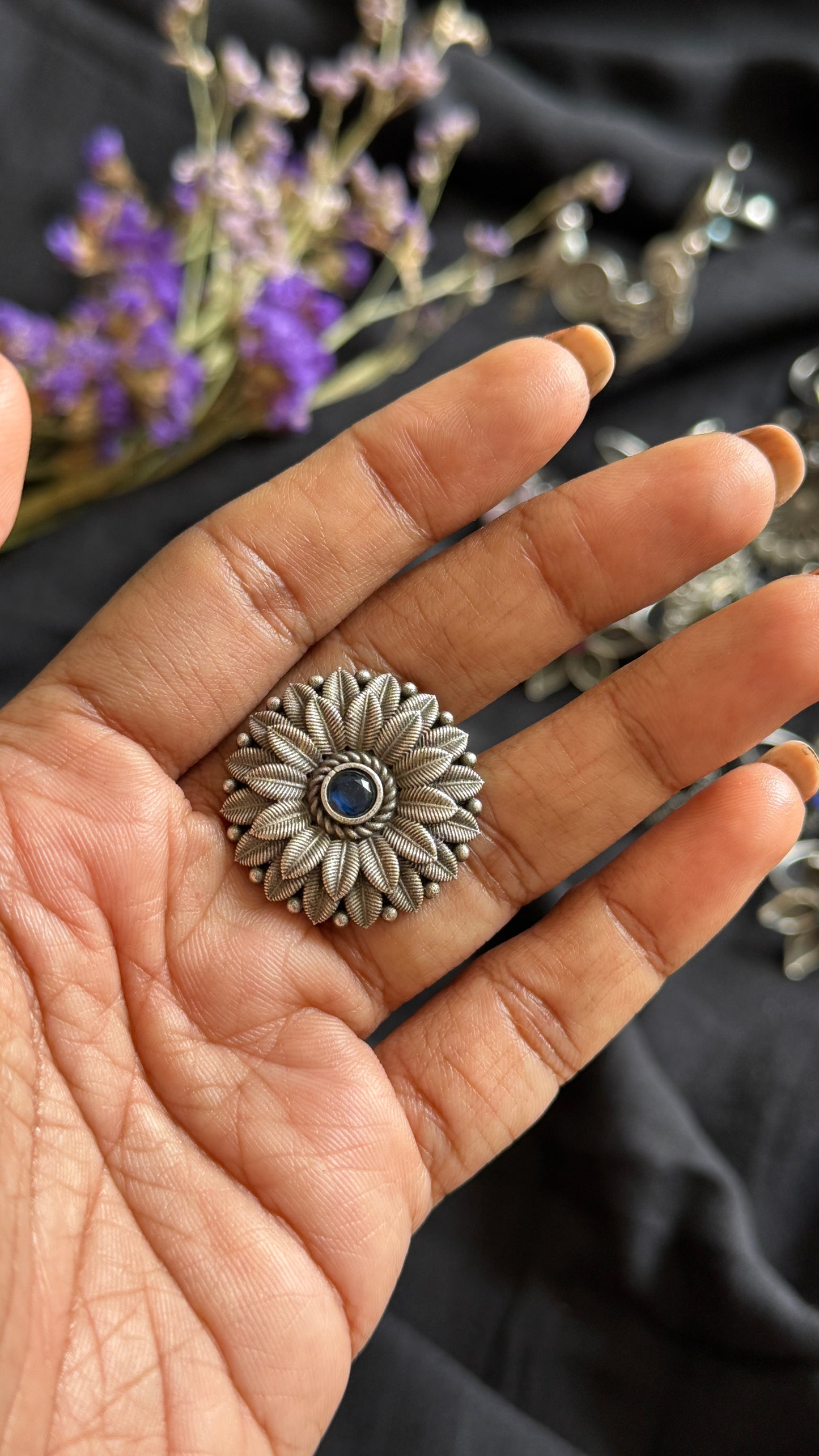 Adjustable floral ring - blue stone - YCOSFR119
