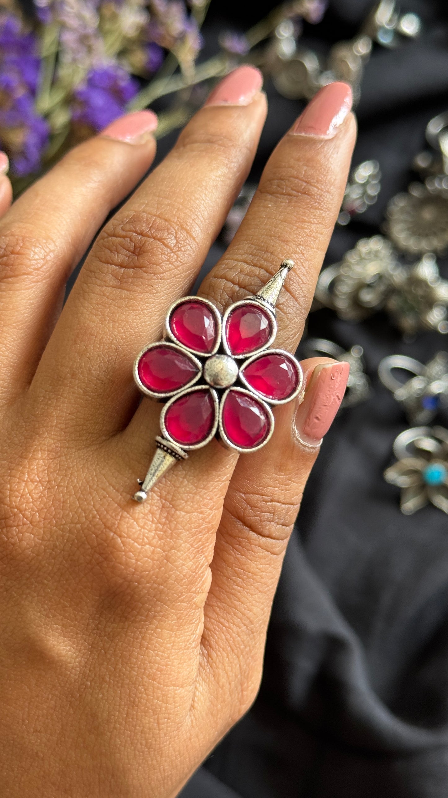 Adjustable floral ring - dark pink