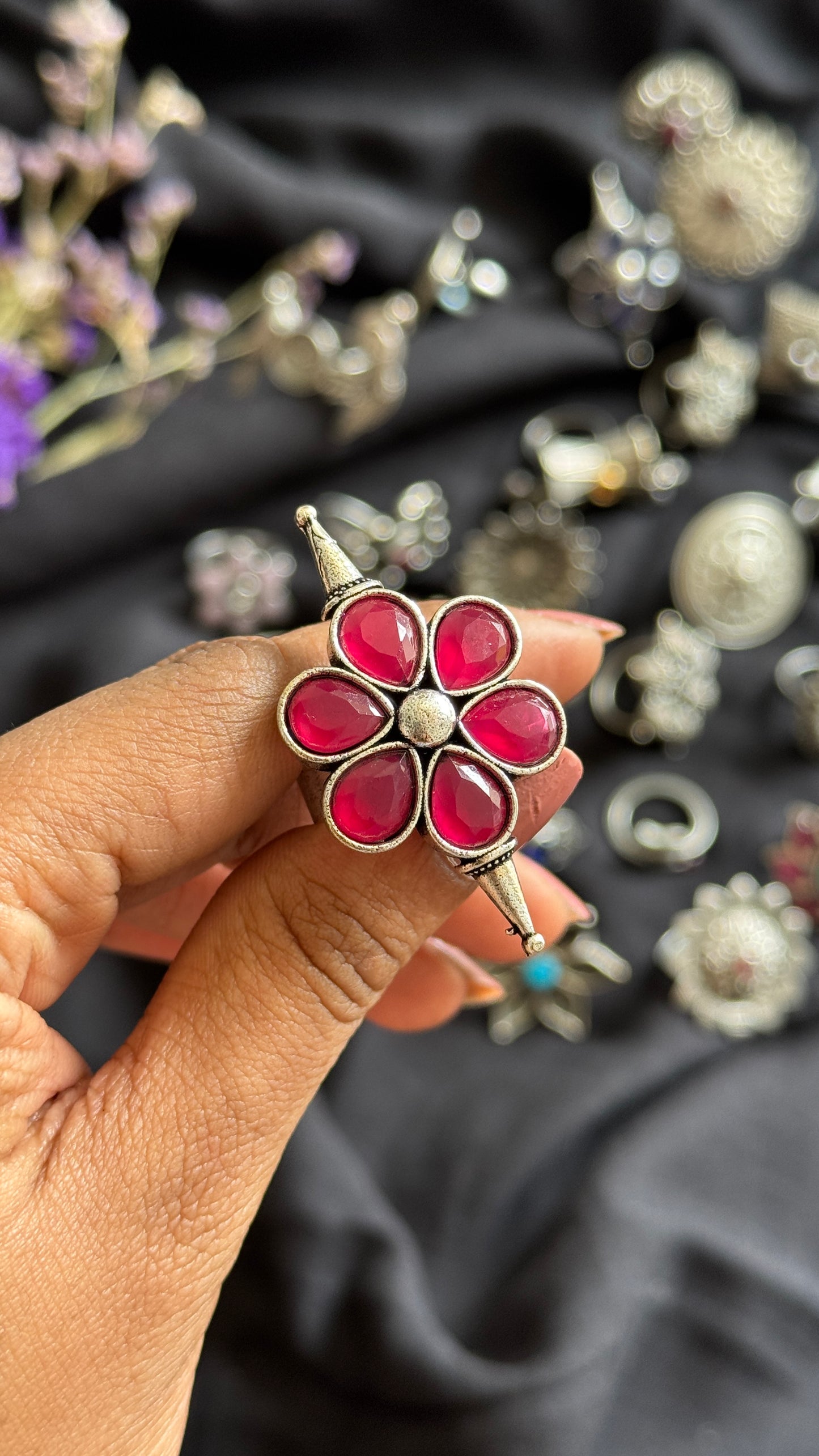 Adjustable floral ring - dark pink