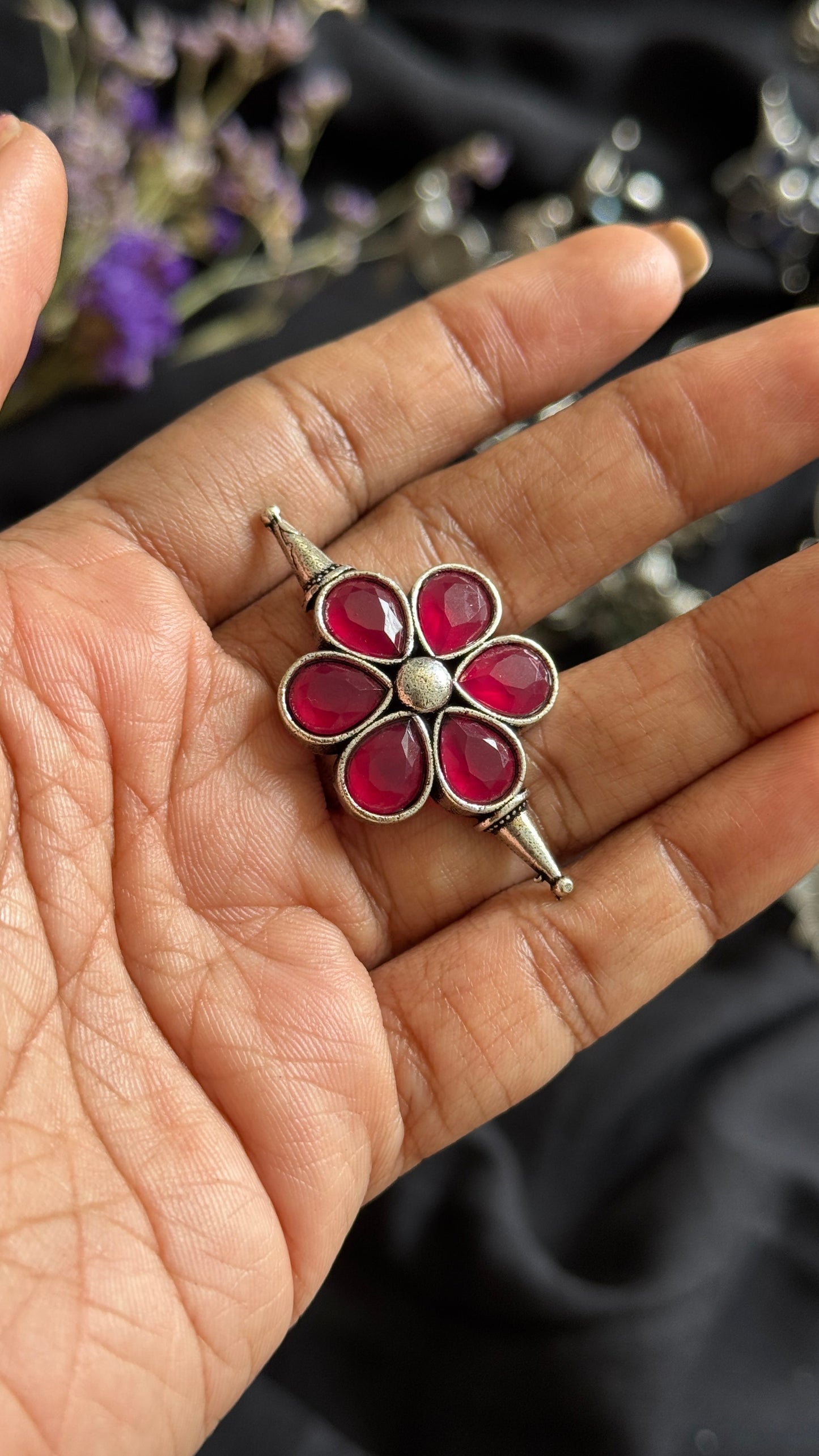 Adjustable floral ring - dark pink