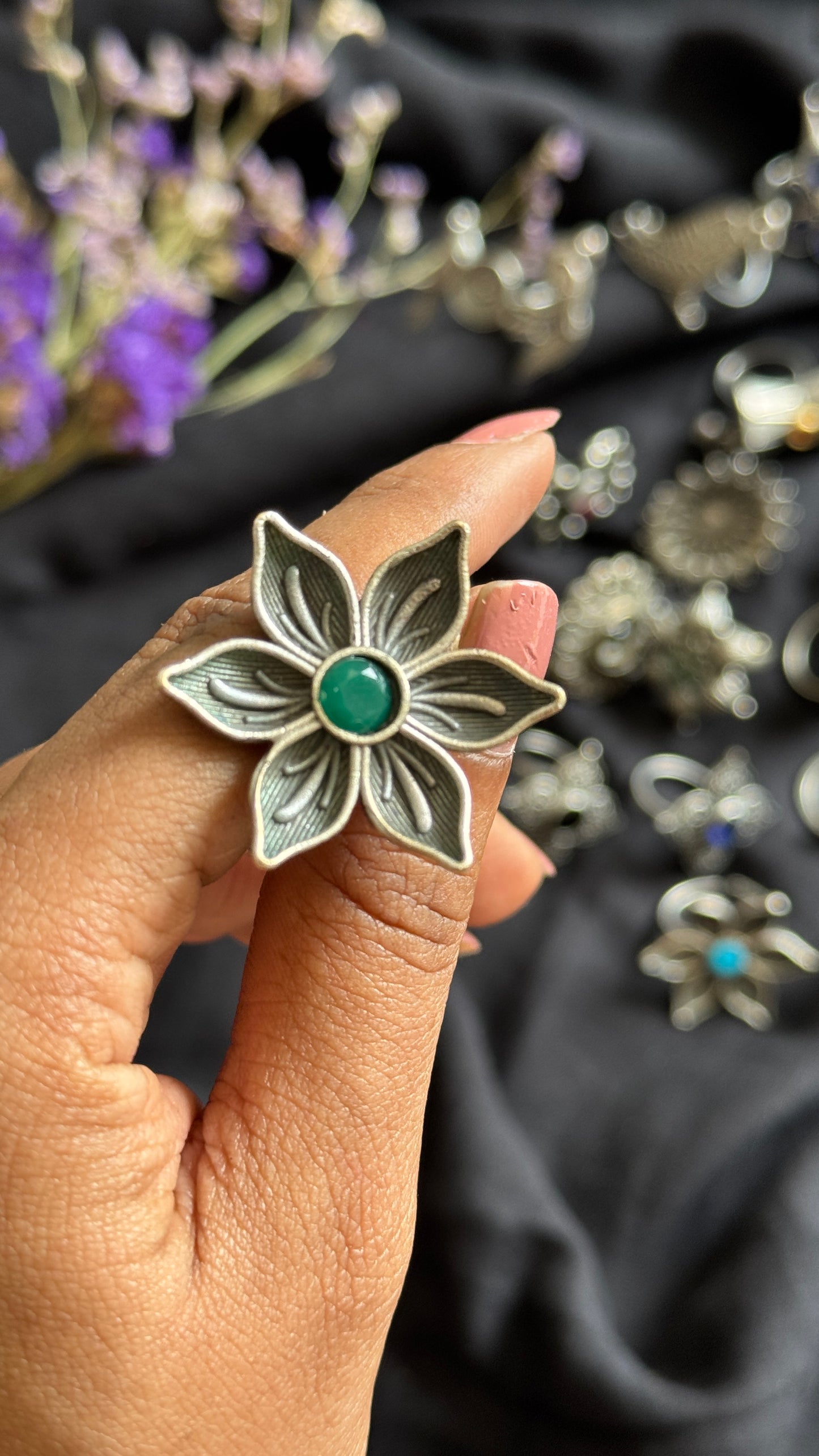 Antique Bloom - Adjustable Floral Ring, Green
