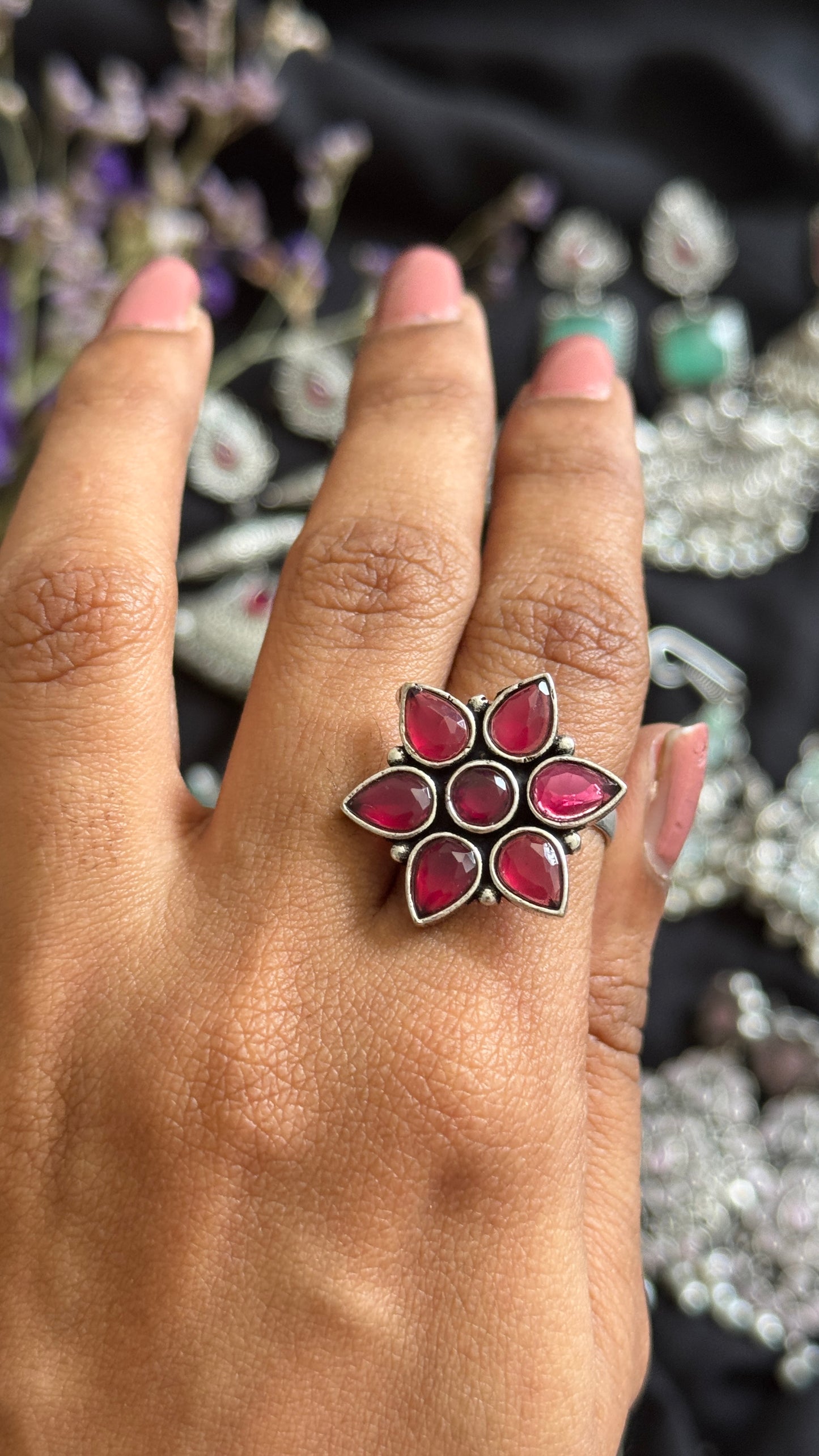 Adjustable floral ring - dark pink
