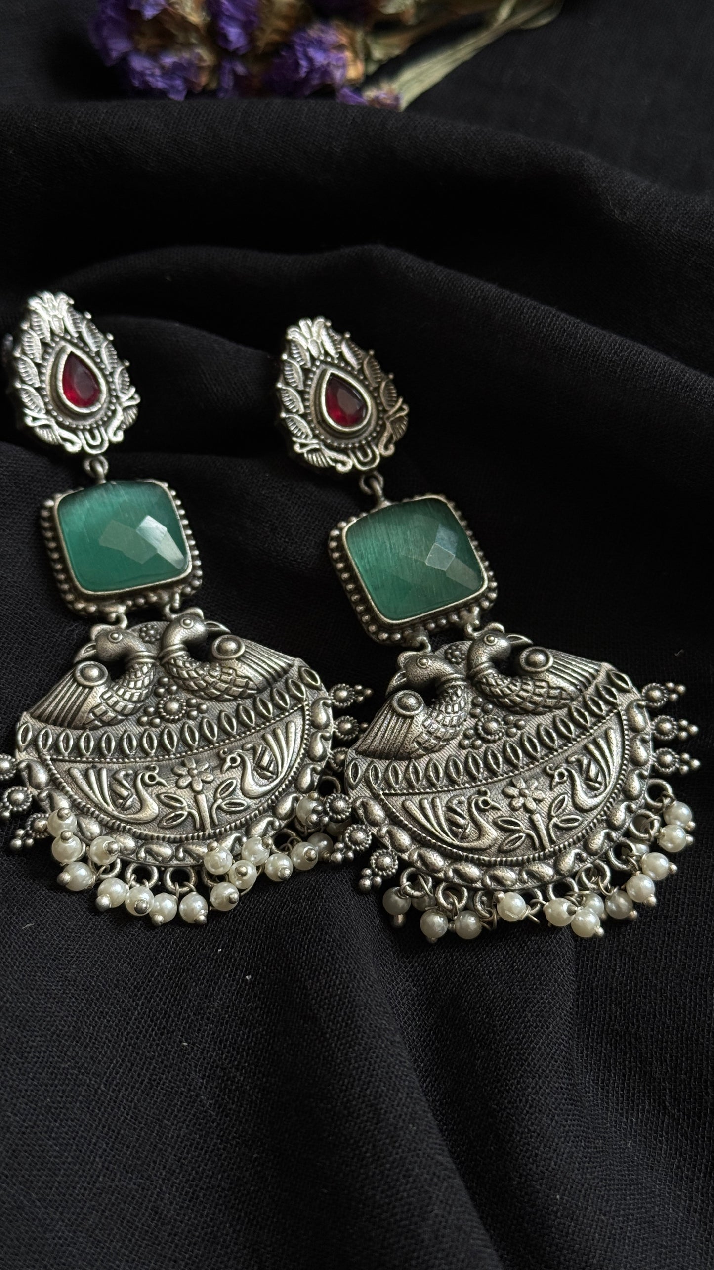 Dangler earrings - silver, red & turquoise