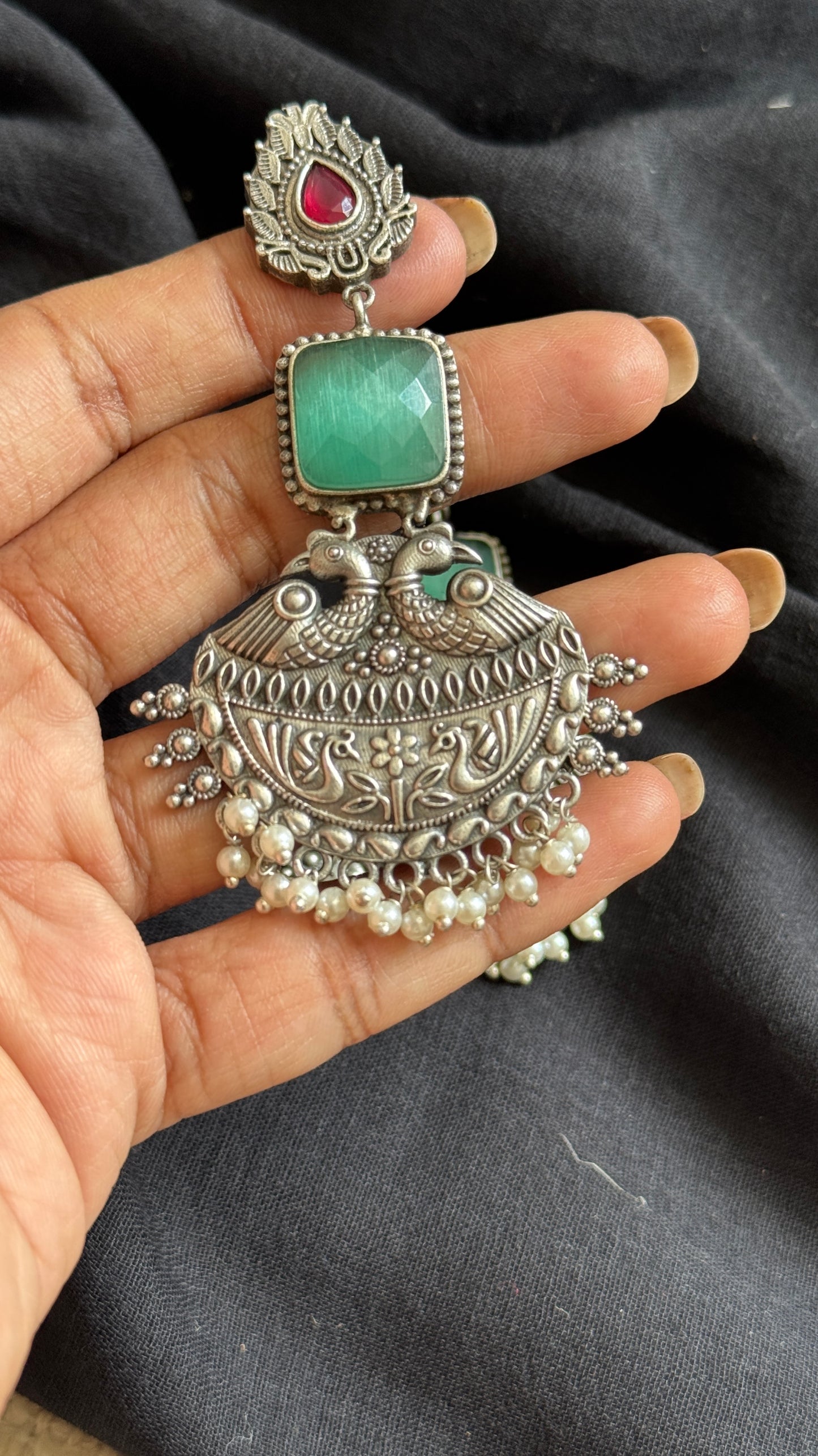 Dangler earrings - silver, red & turquoise