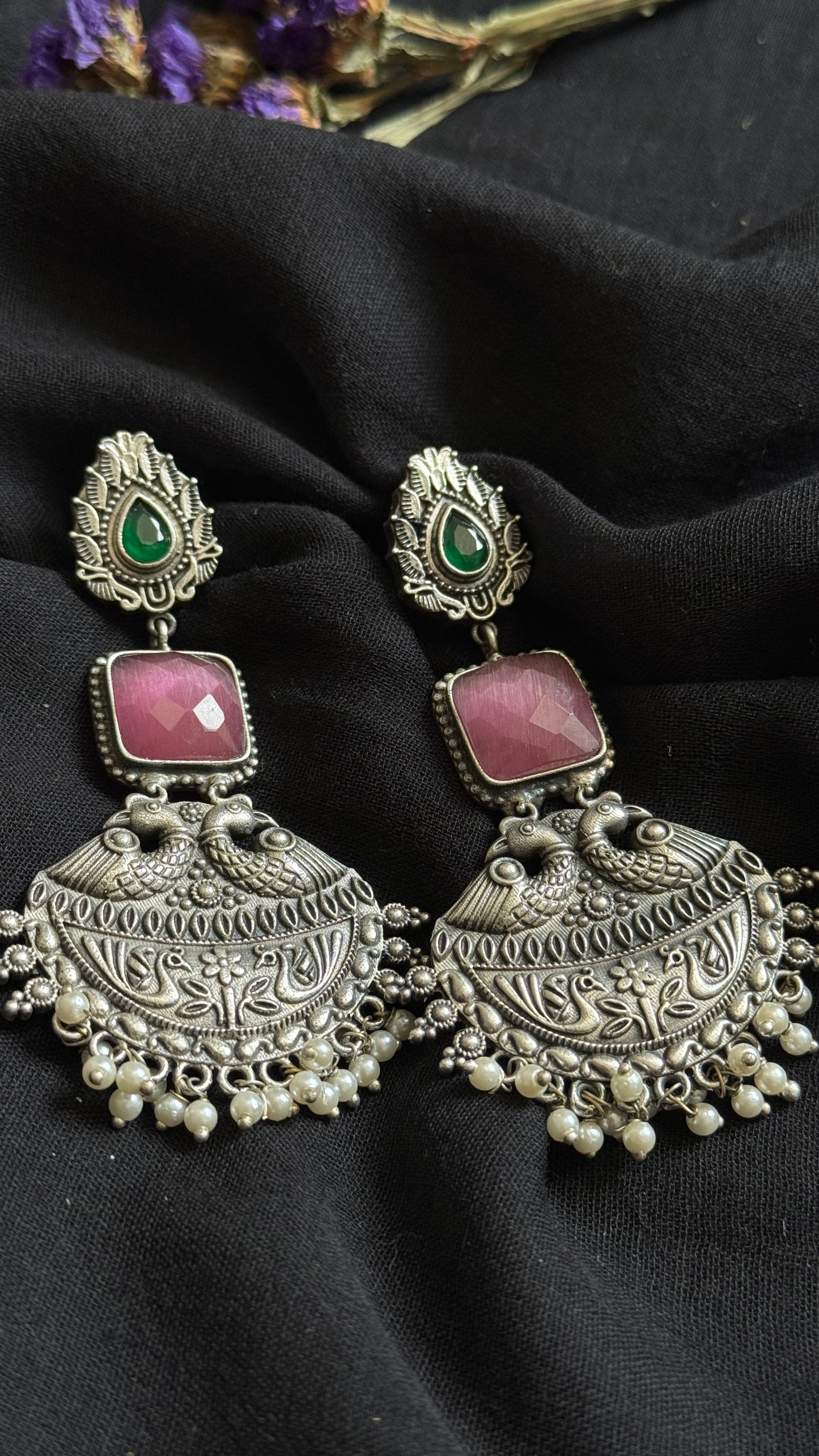 Dangler earrings - silver, pink & green