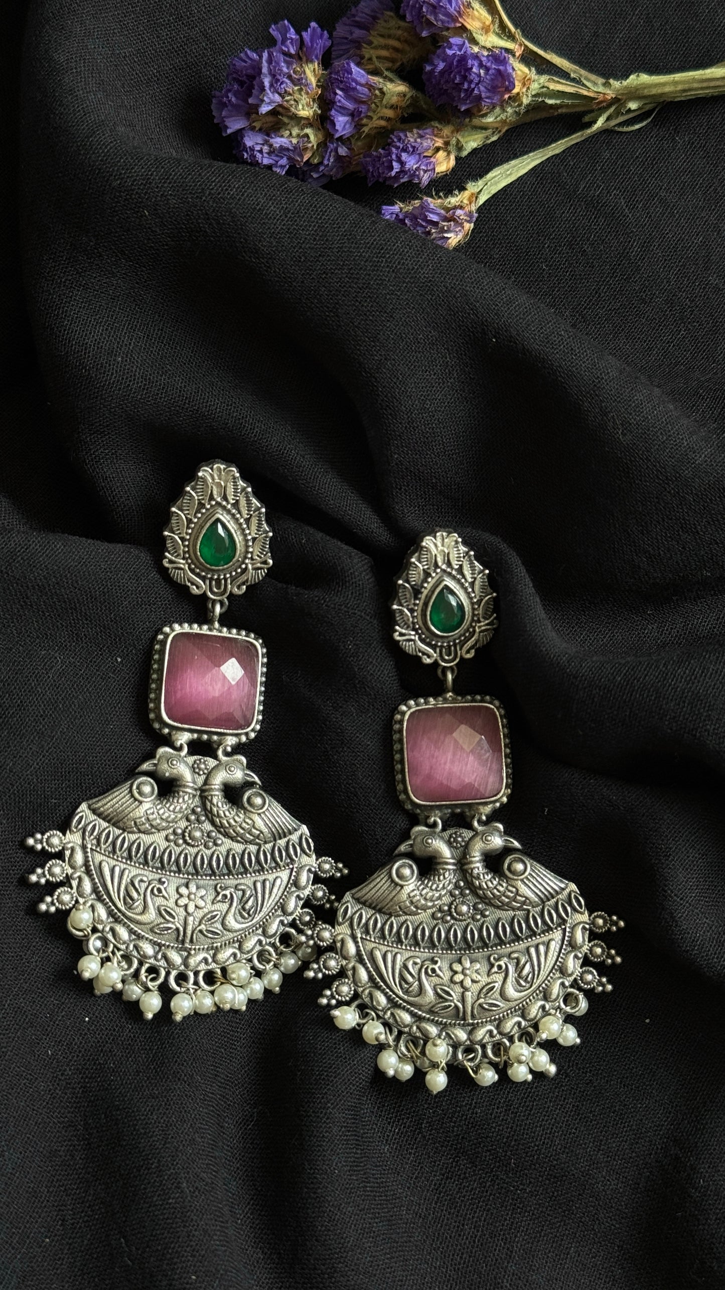 Dangler earrings - silver, pink & green