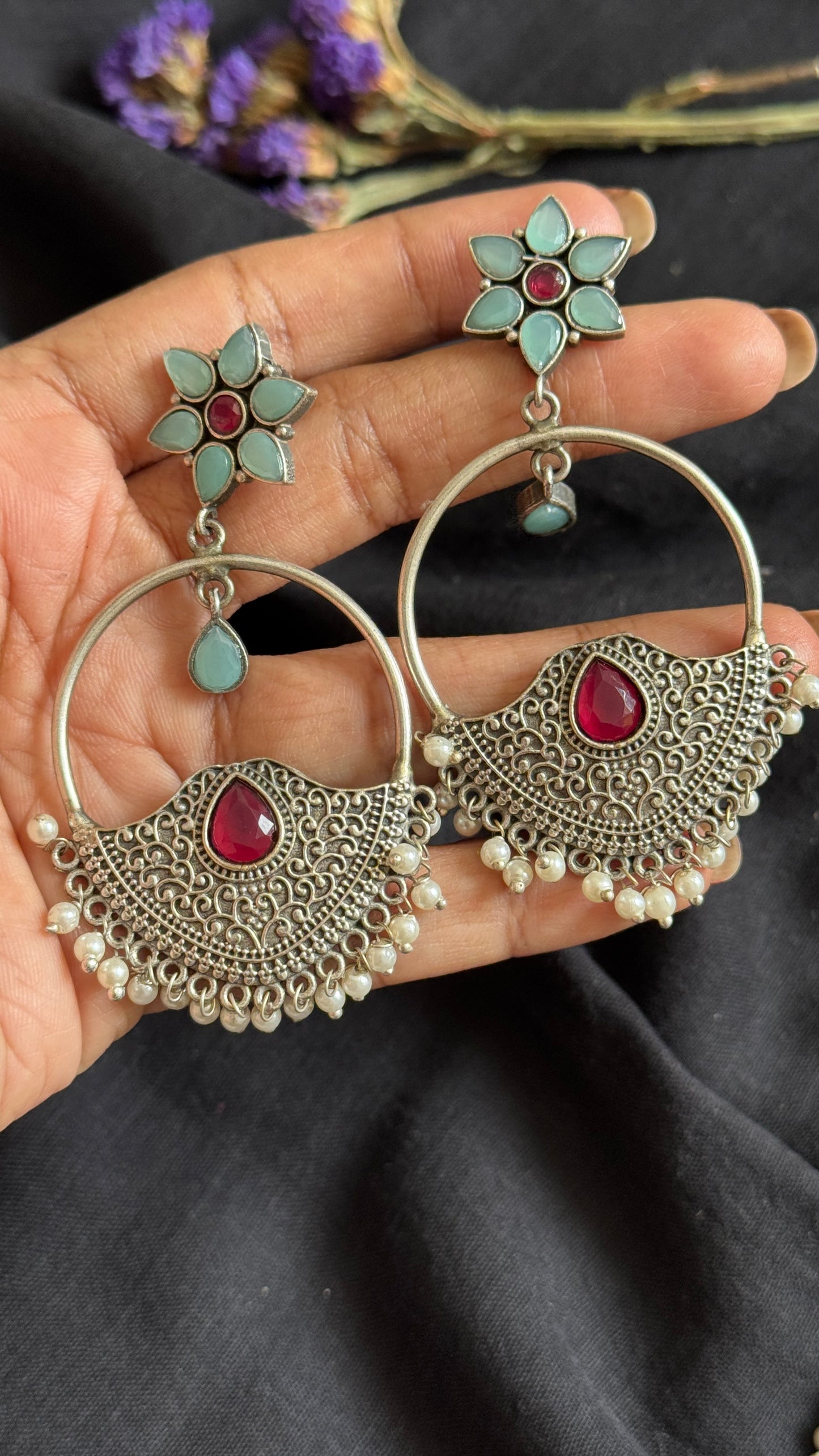 Dangler loop earrings - silver, turquoise & red - YCOSED23
