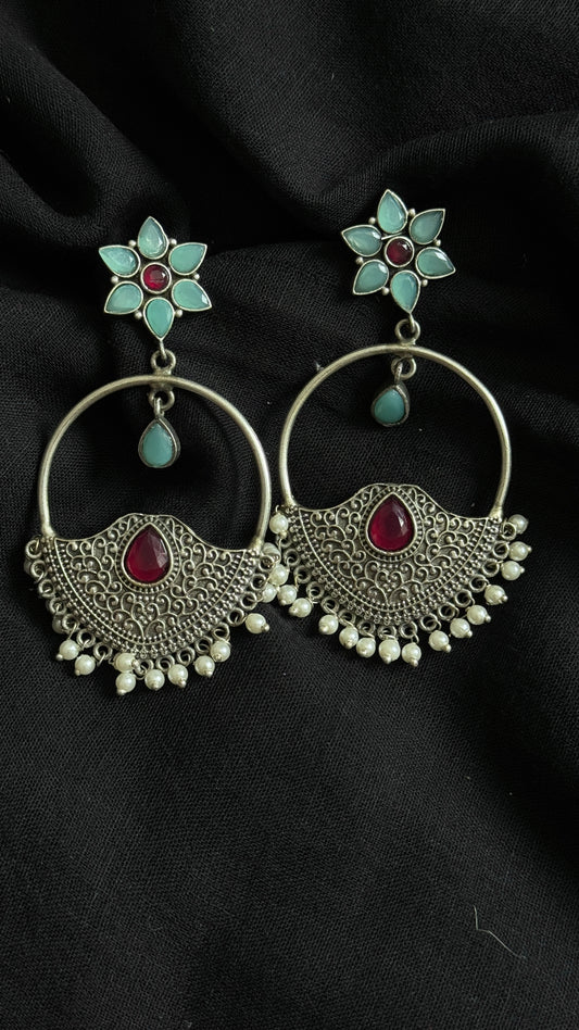Dangler loop earrings - silver, turquoise & red - YCOSED23