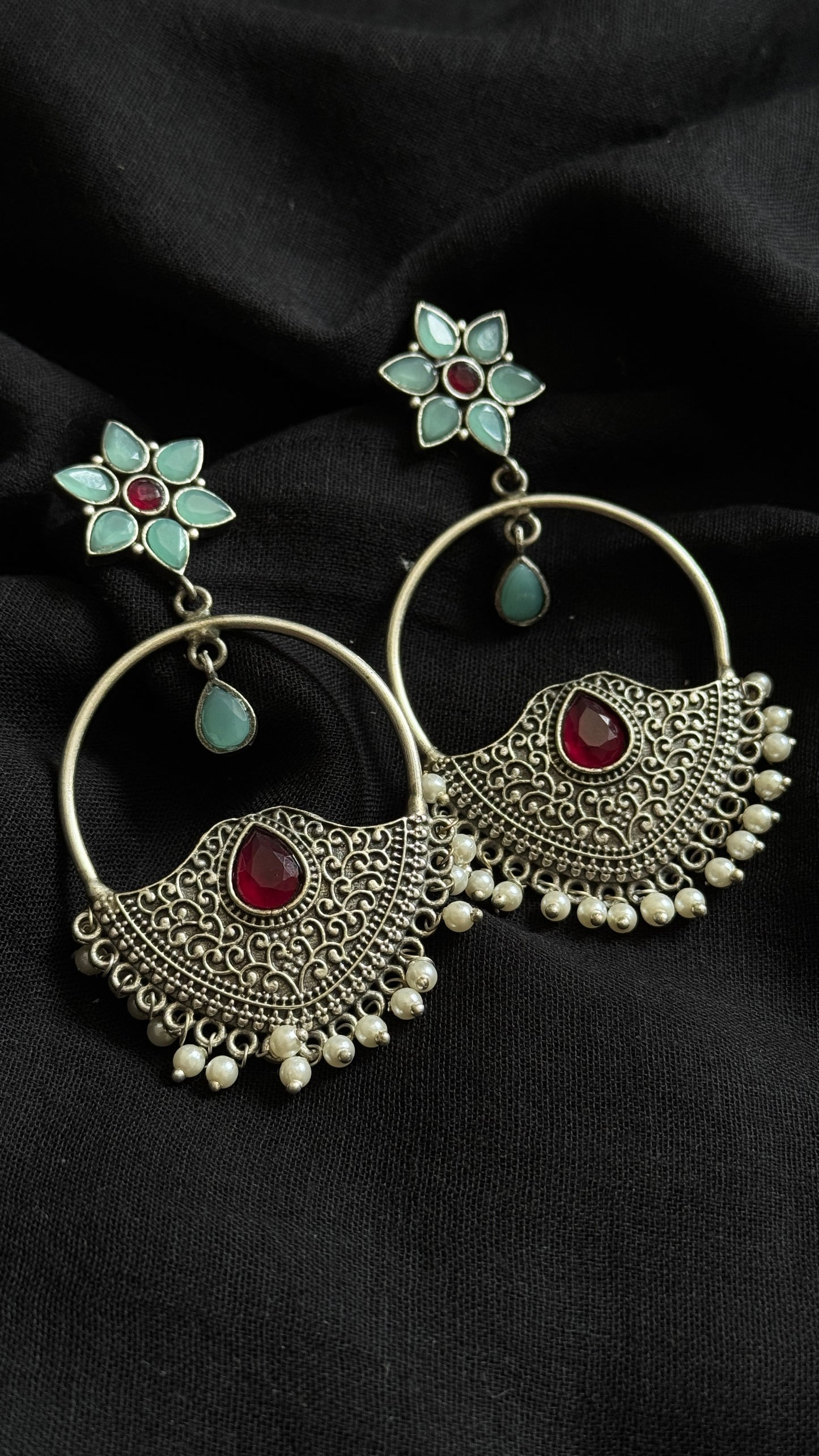 Dangler loop earrings - silver, turquoise & red - YCOSED23