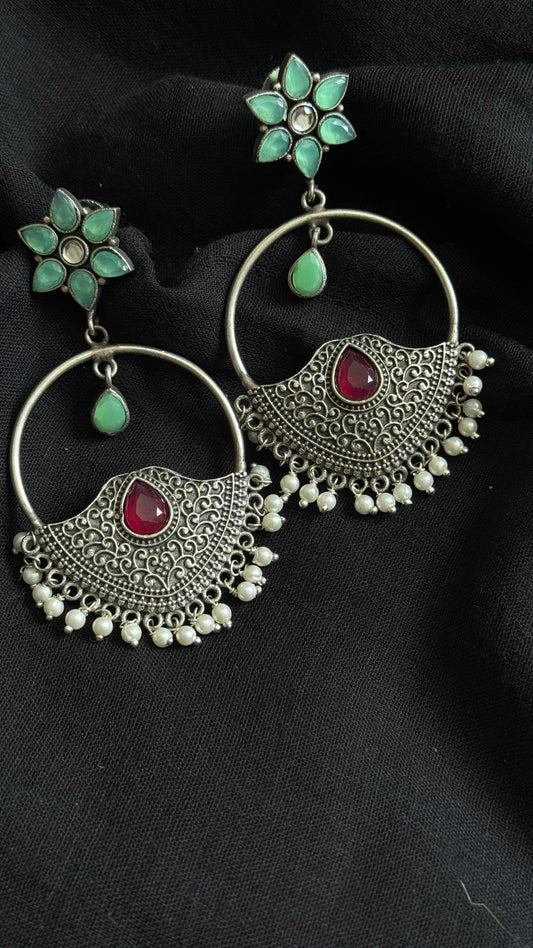 Dangler loop earrings - silver, mint green, white & red stones - YCOSED24