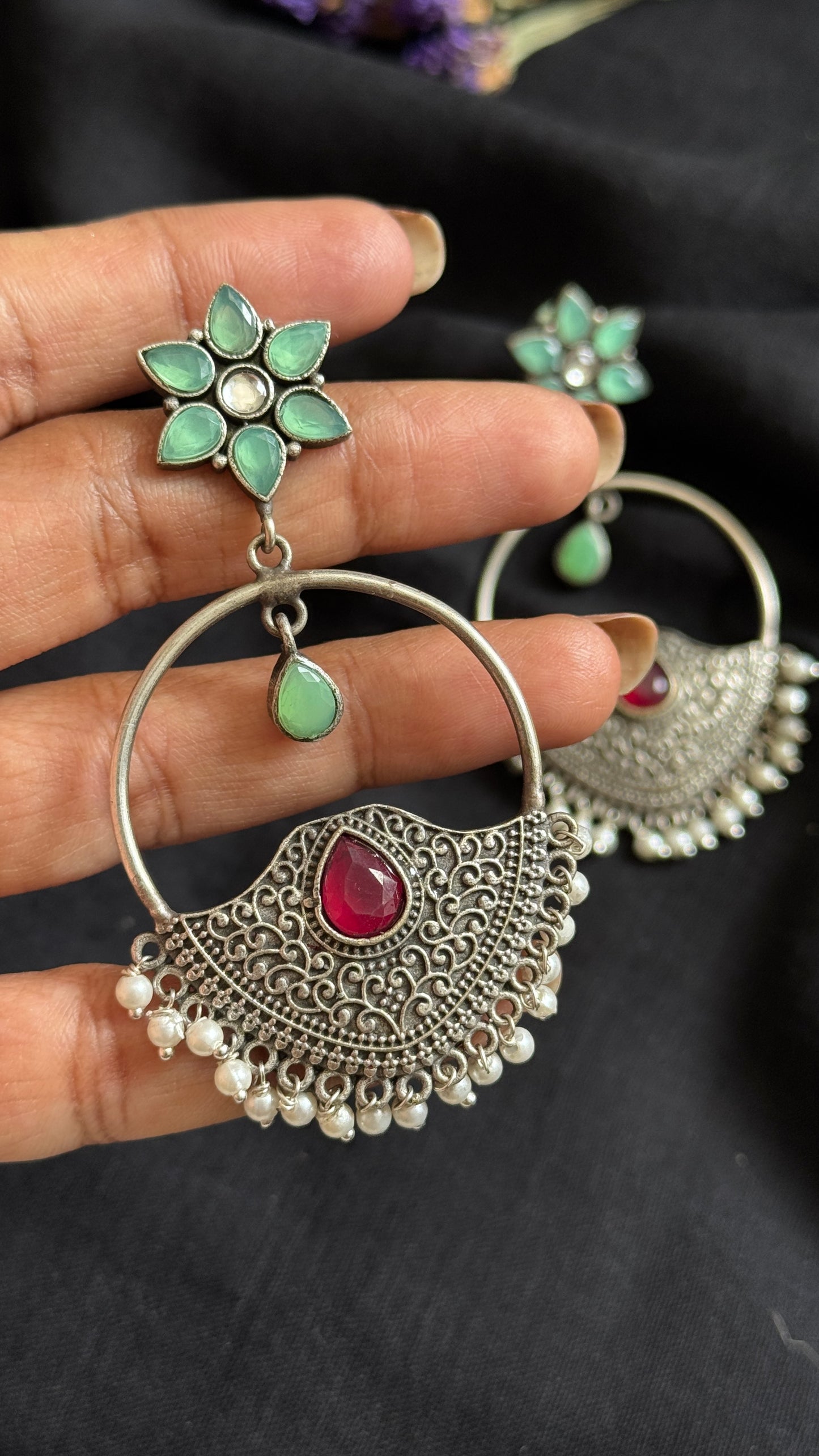Dangler loop earrings - silver, mint green, white & red stones - YCOSED24
