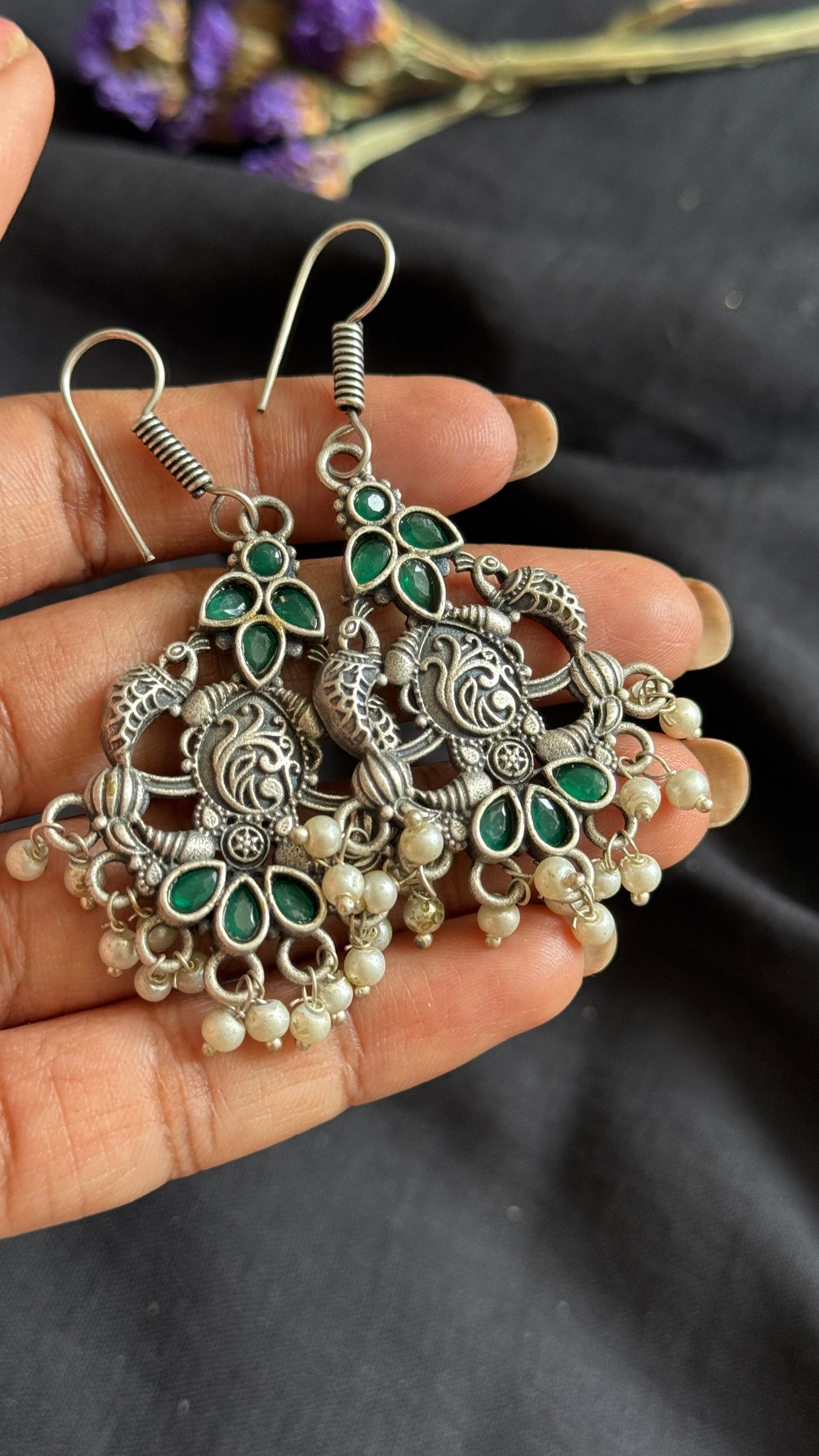 Hanging earrings - silver & dark green