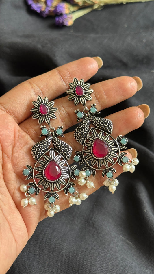 Dangler earrings - silver & dark pink