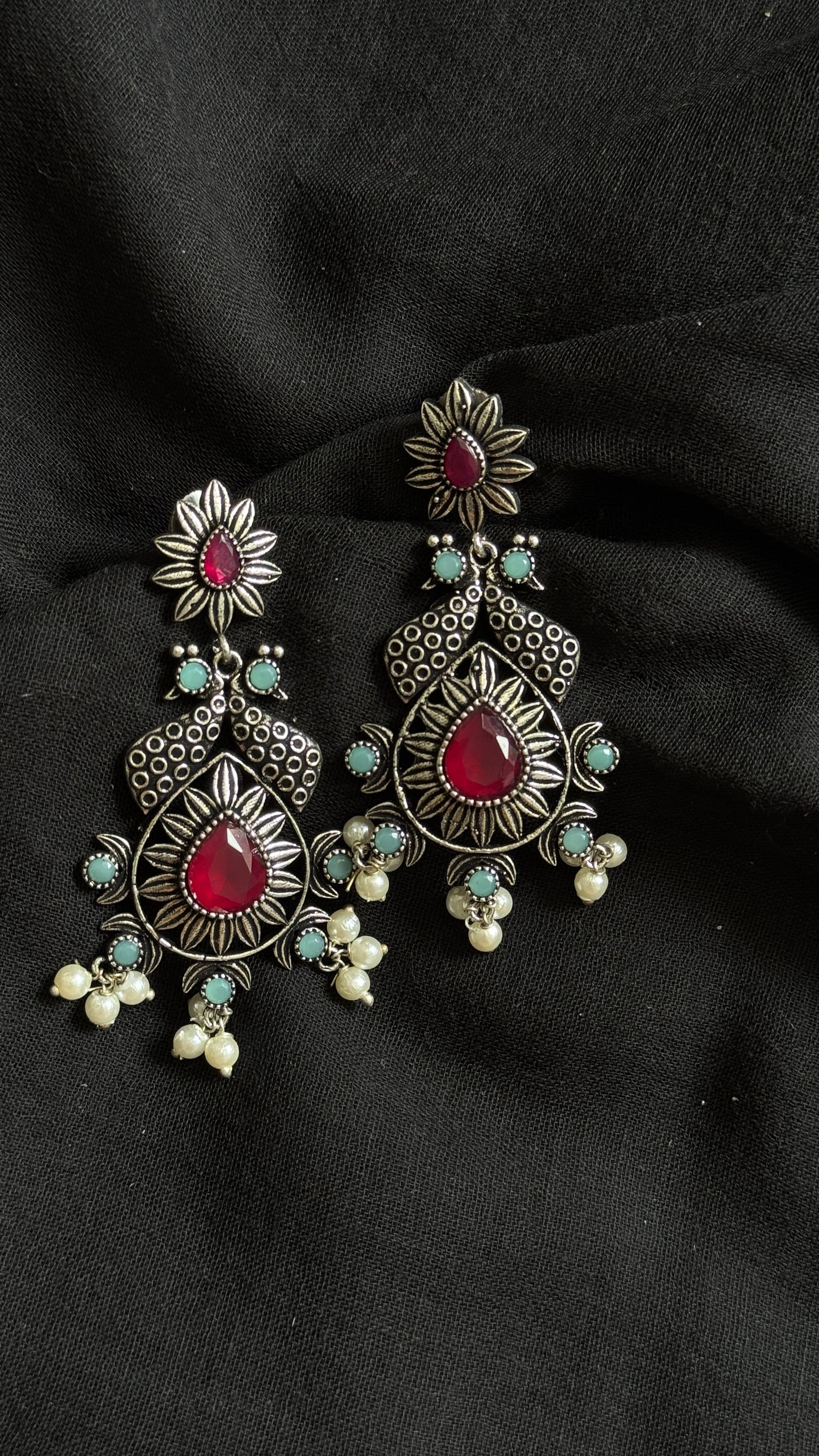 Dangler earrings - silver & dark pink
