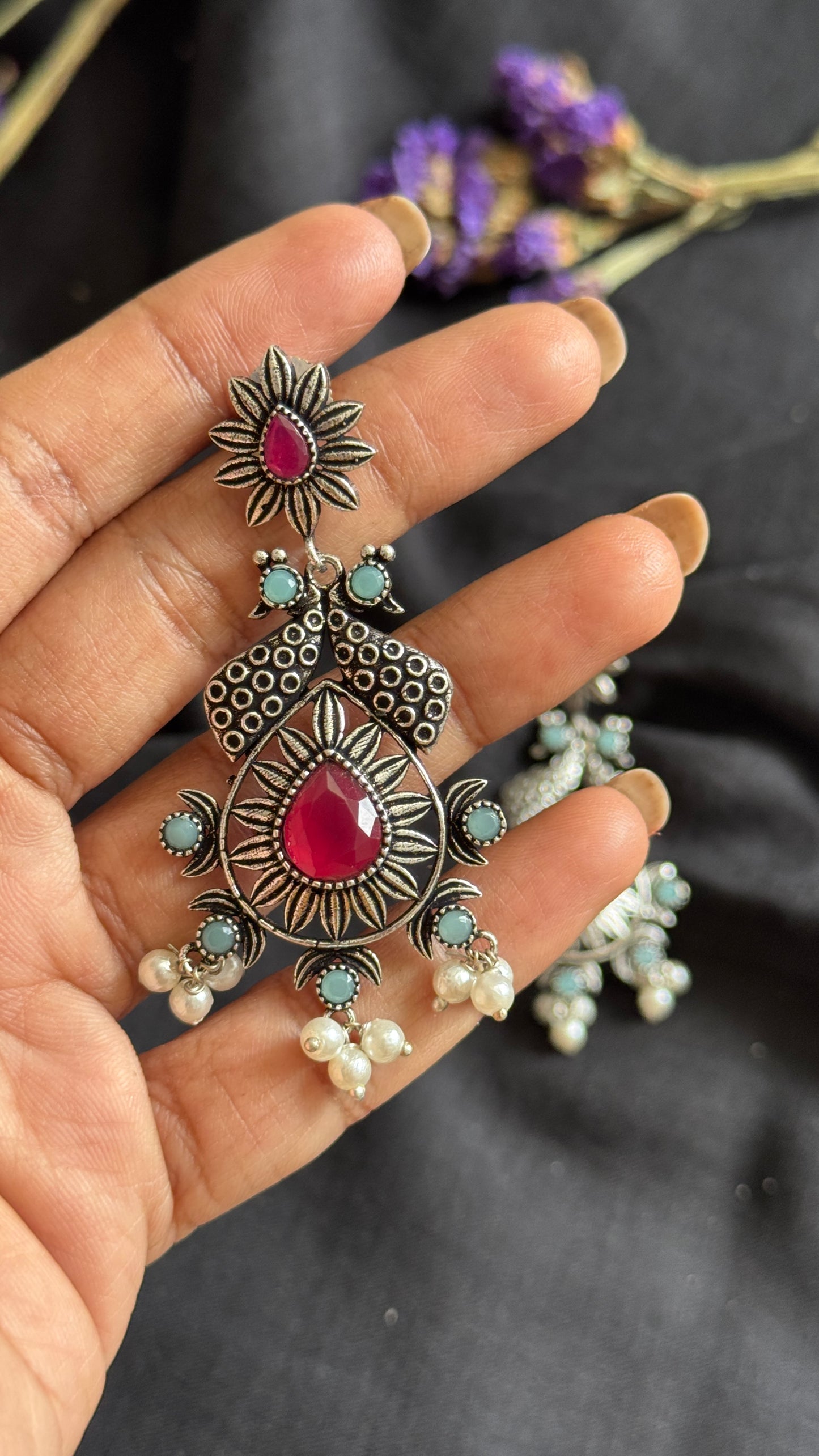 Dangler earrings - silver & dark pink