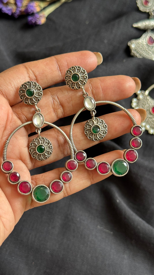 Dangler loop earrings - silver, green, white & red stones - YCOSED25
