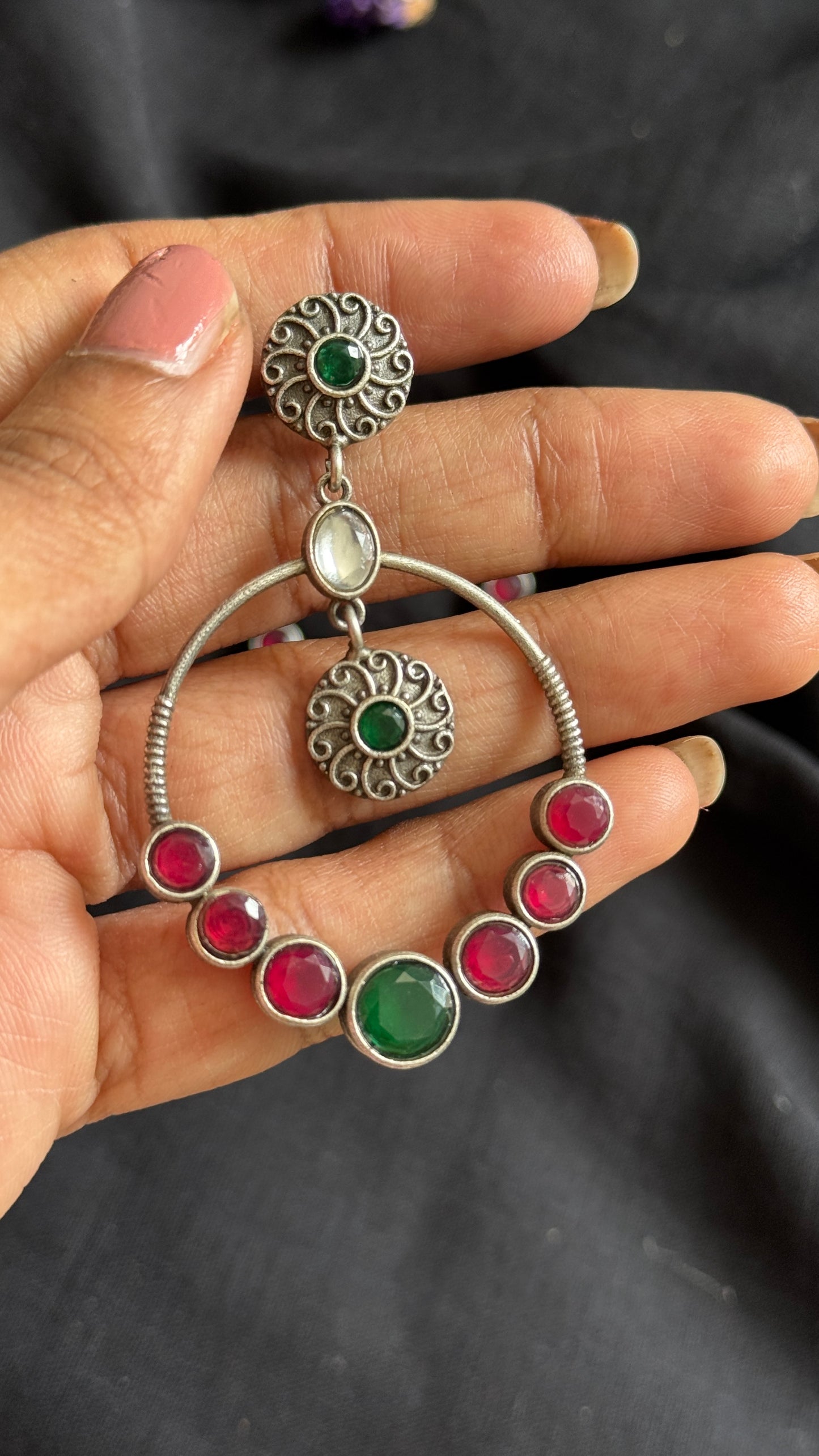 Dangler loop earrings - silver, green, white & red stones - YCOSED25