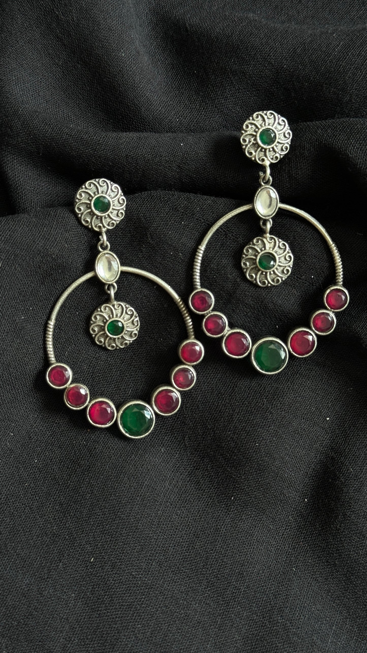 Dangler loop earrings - silver, green, white & red stones - YCOSED25
