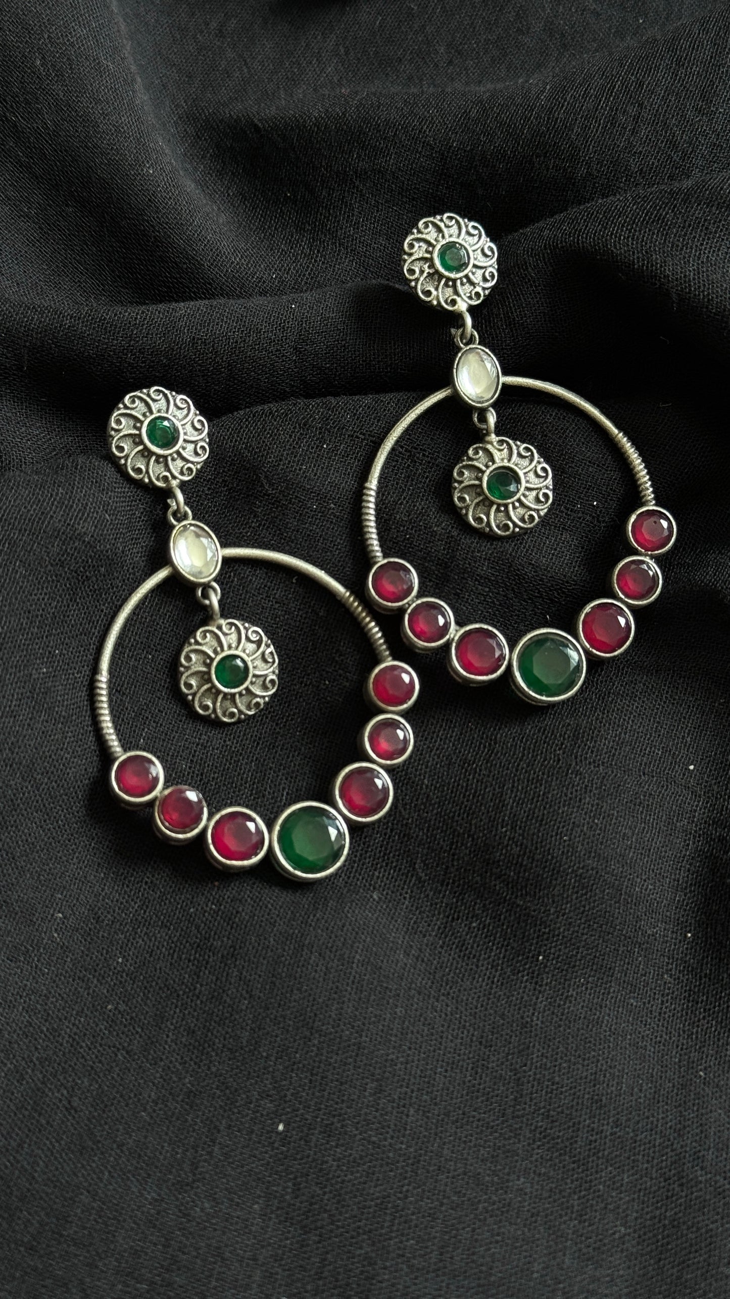 Dangler loop earrings - silver, green, white & red stones - YCOSED25