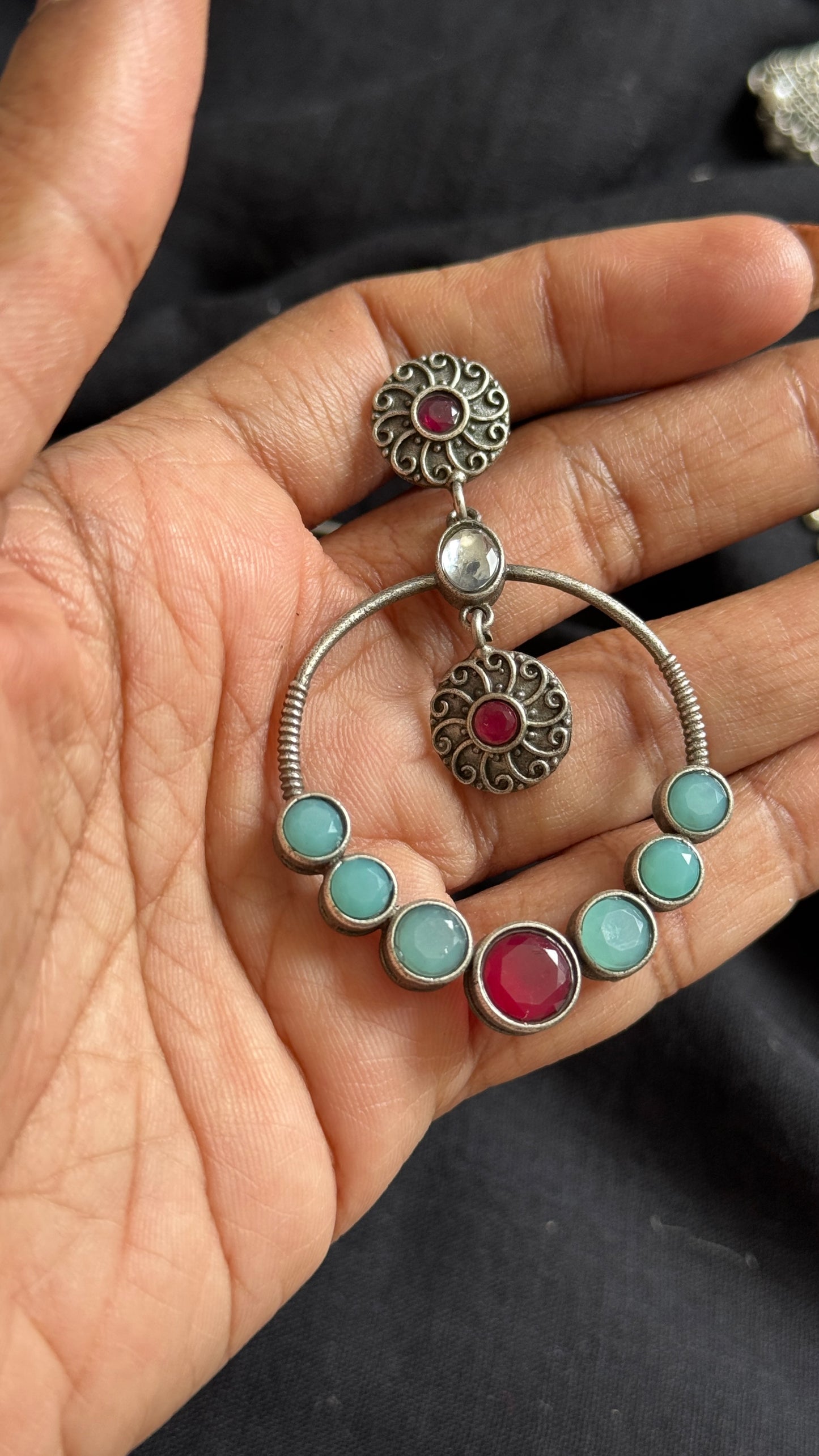 Dangler loop earrings - silver,turquoise & red stones