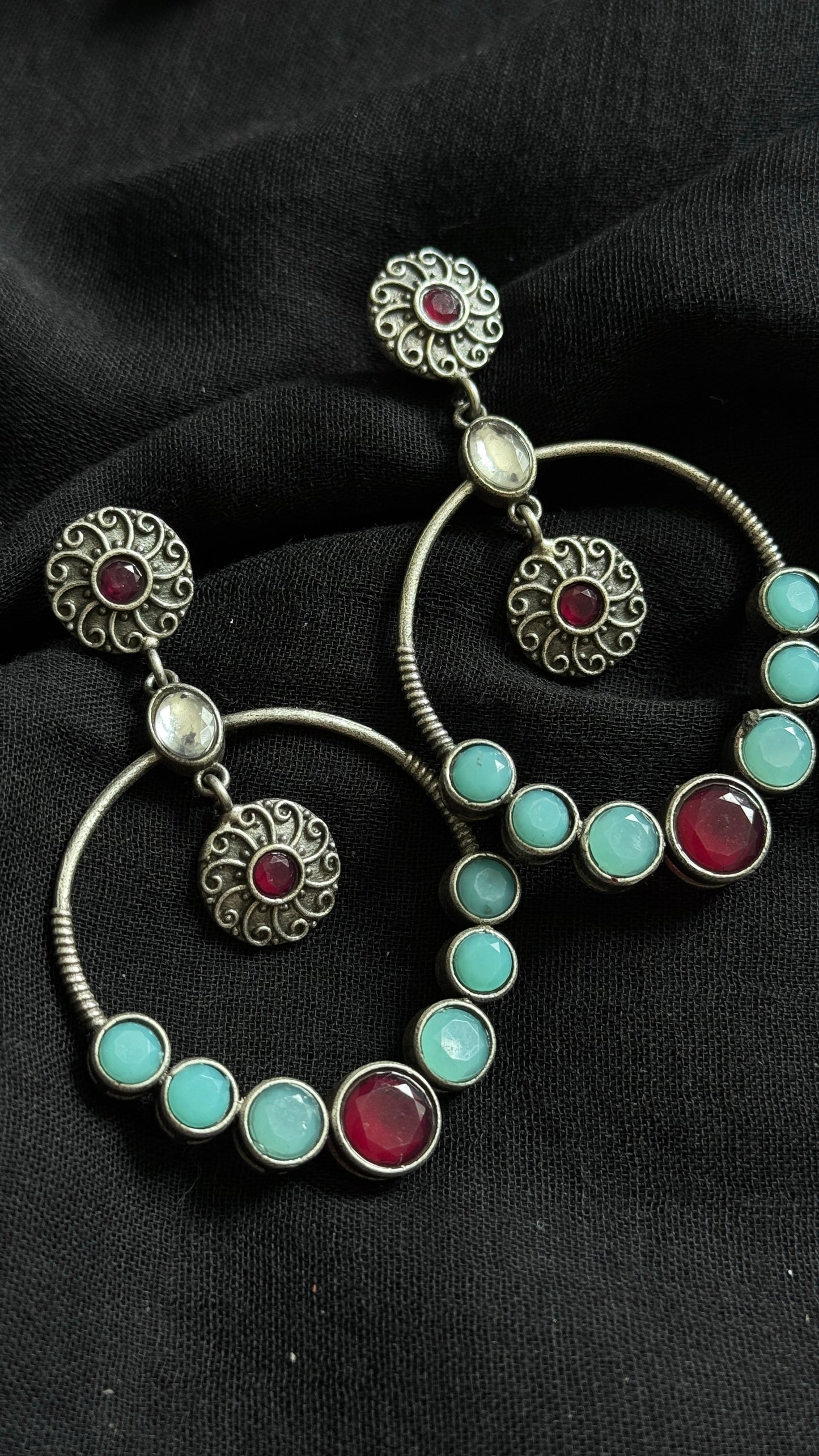 Dangler loop earrings - silver,turquoise & red stones