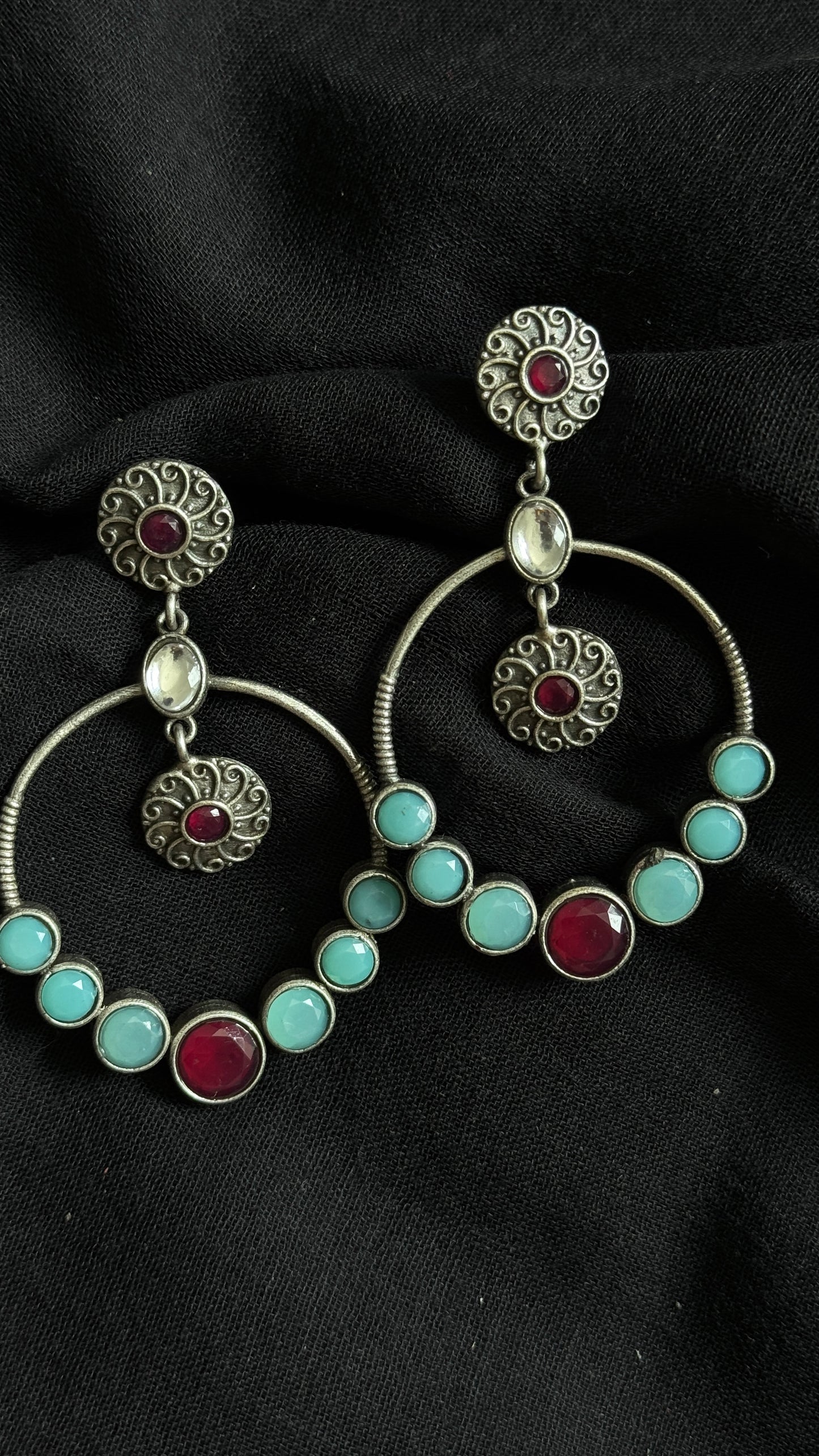 Dangler loop earrings - silver,turquoise & red stones