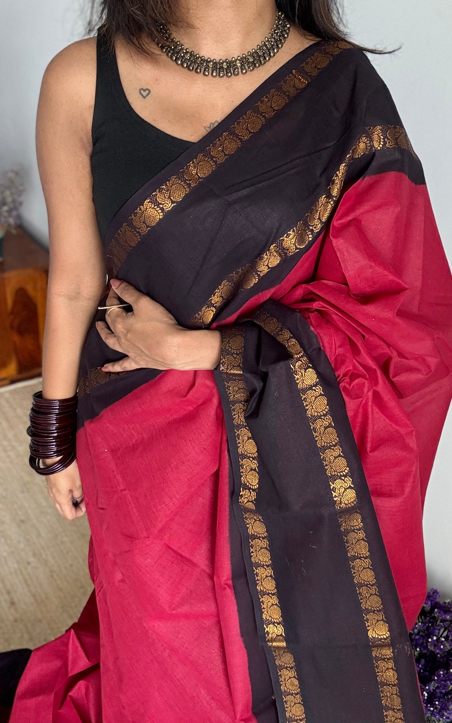 Maroon and Black, Rettaipettu Peacock double border - Madurai Kattuchayam