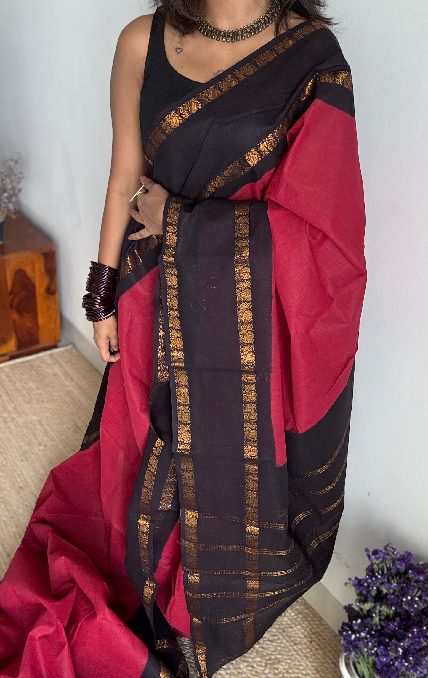 Maroon and Black, Rettaipettu Peacock double border - Madurai Kattuchayam