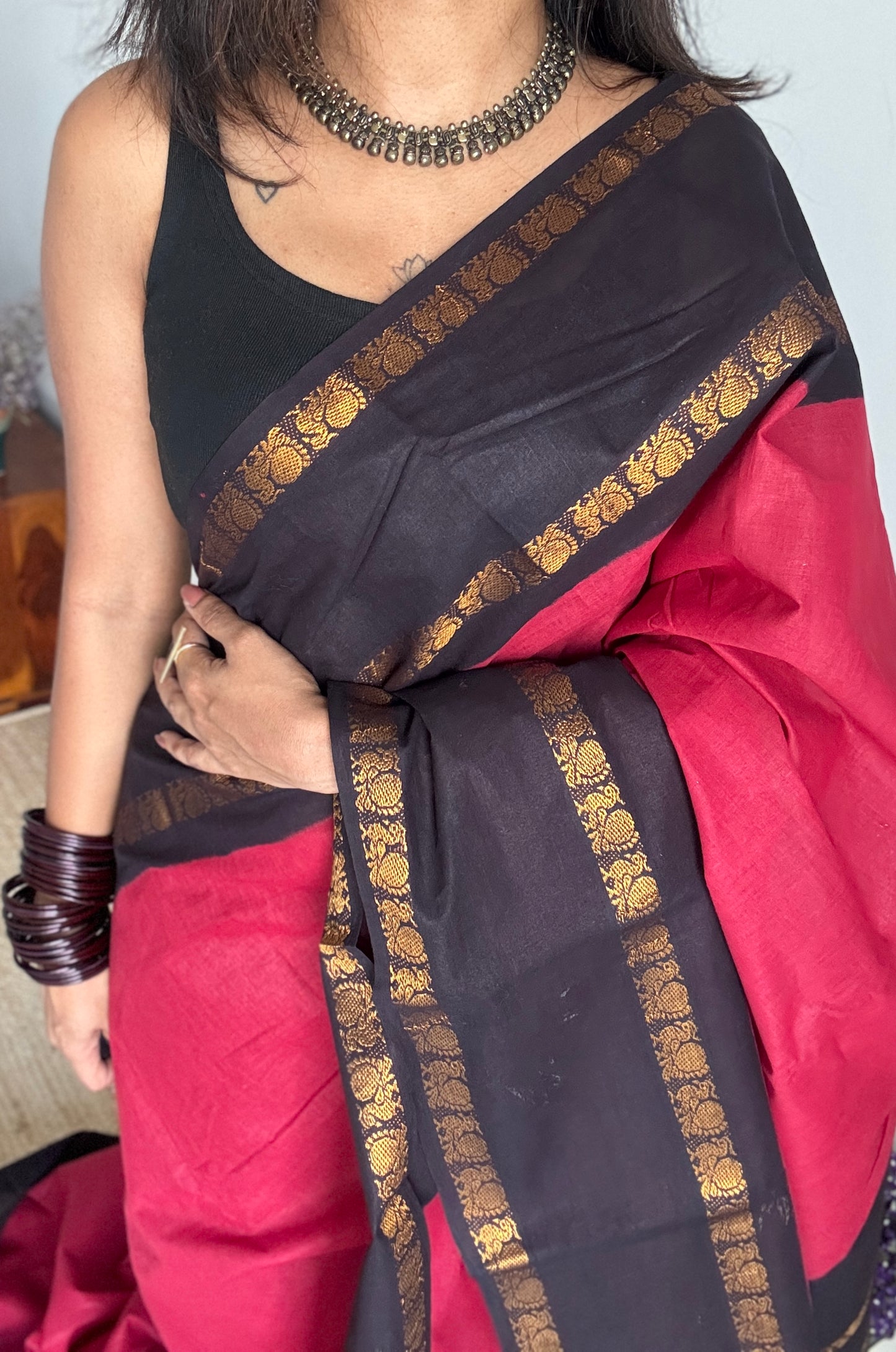 Maroon and Black, Rettaipettu Peacock double border - Madurai Kattuchayam