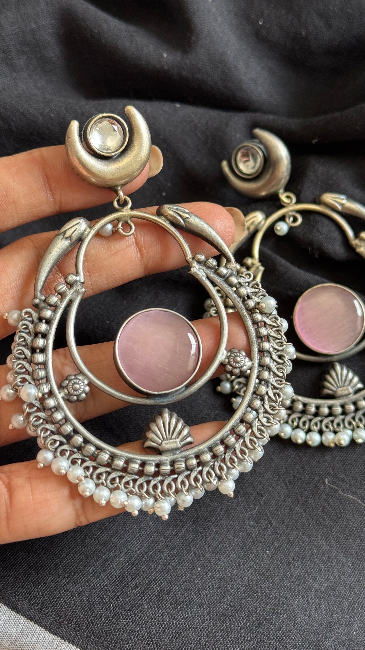 Handmade Chandbali with Pearl Beads - Pink - YCOSEC08